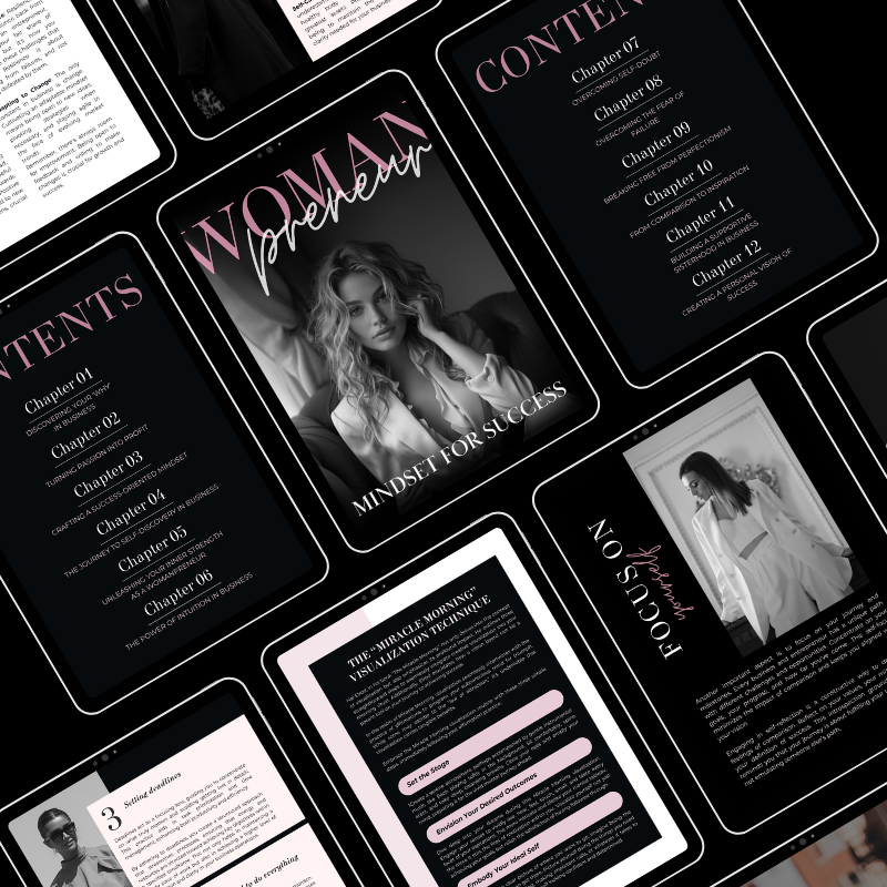 Womanpreneur Mindset for Success eBook layout preview. Includes chapter list and motivational content for aspiring women entrepreneurs.