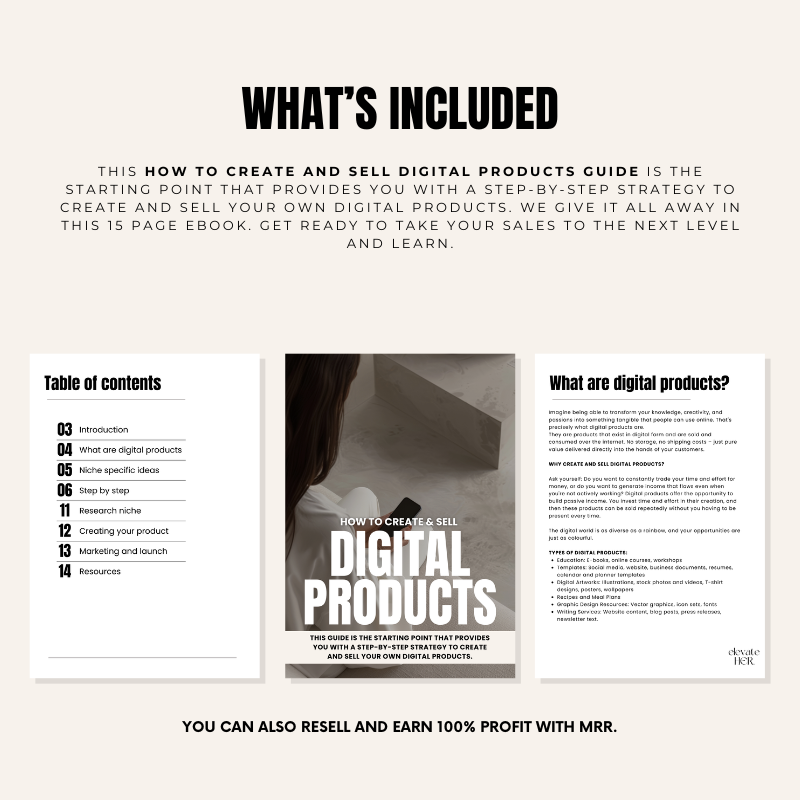 Create & Sell Digital Products - Digital Guide | eBook includes 15 pages with resell rights. Features table of contents and digital product strategies.