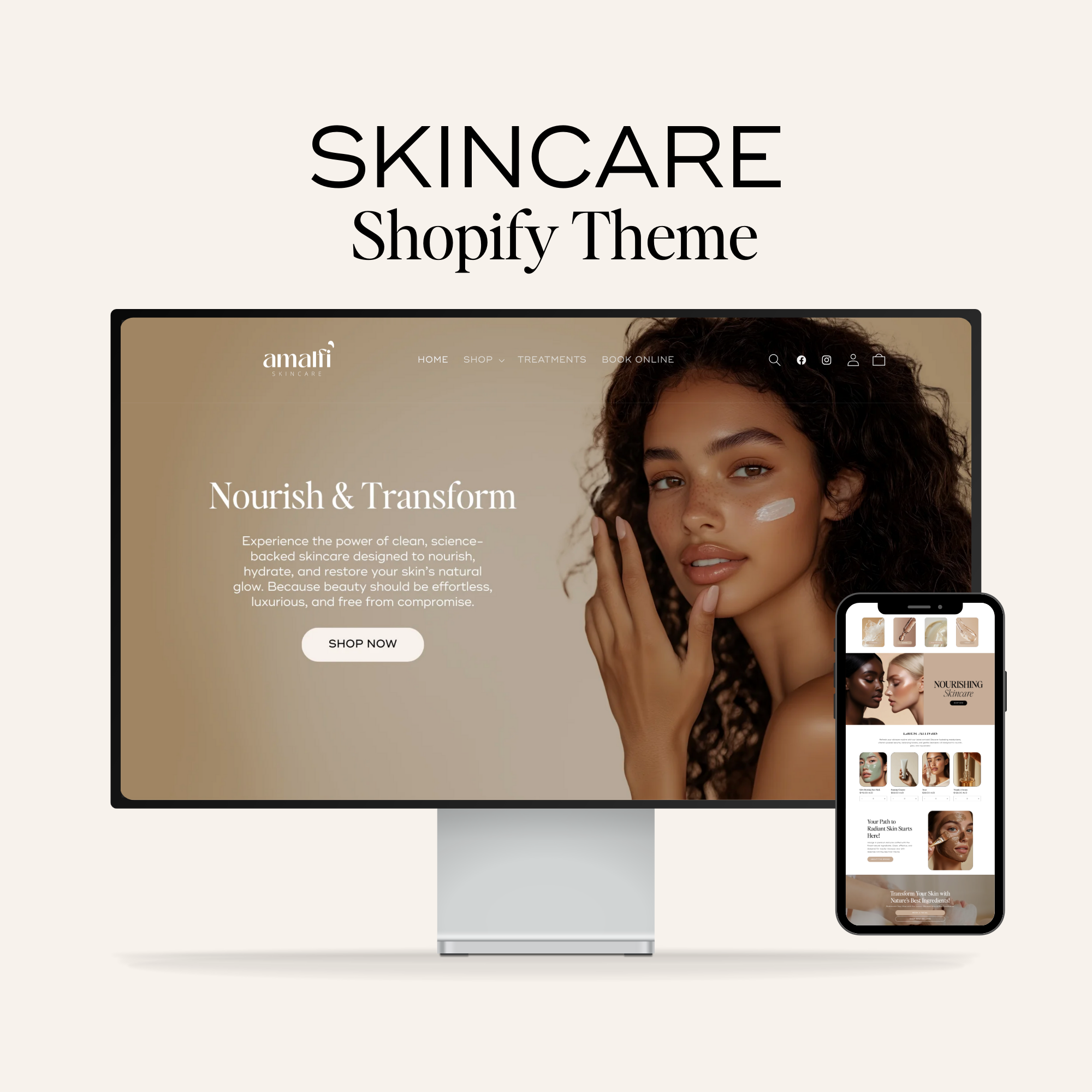 Luxury skincare Shopify template featuring an elegant, high-converting design for beauty and wellness brands. Fully customizable and easy to use.