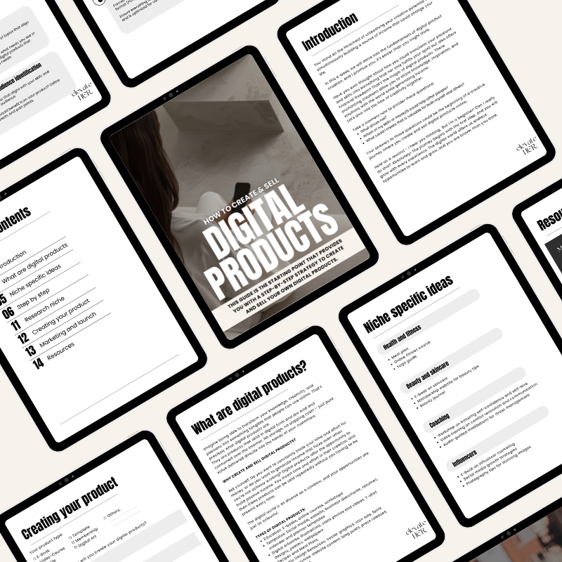 Create & Sell Digital Products - Digital Guide | eBook shown with multiple preview pages. Step-by-step guide for digital product creation and sales.