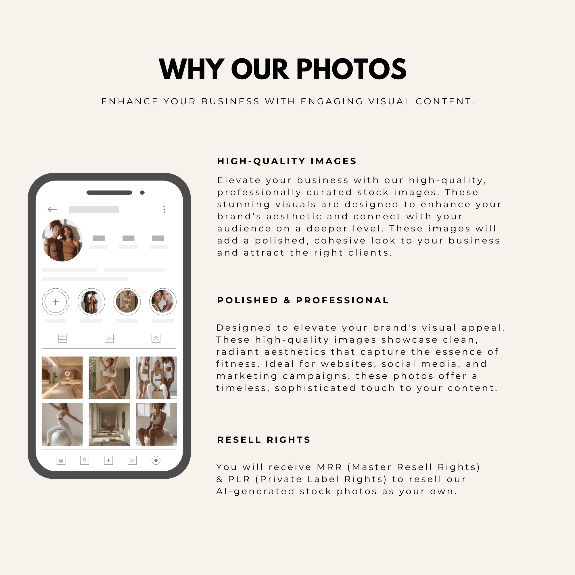 Premium stock photo bundle featuring 130 Pilates and Yoga images with Master Resell Rights, perfect for fitness professionals.
