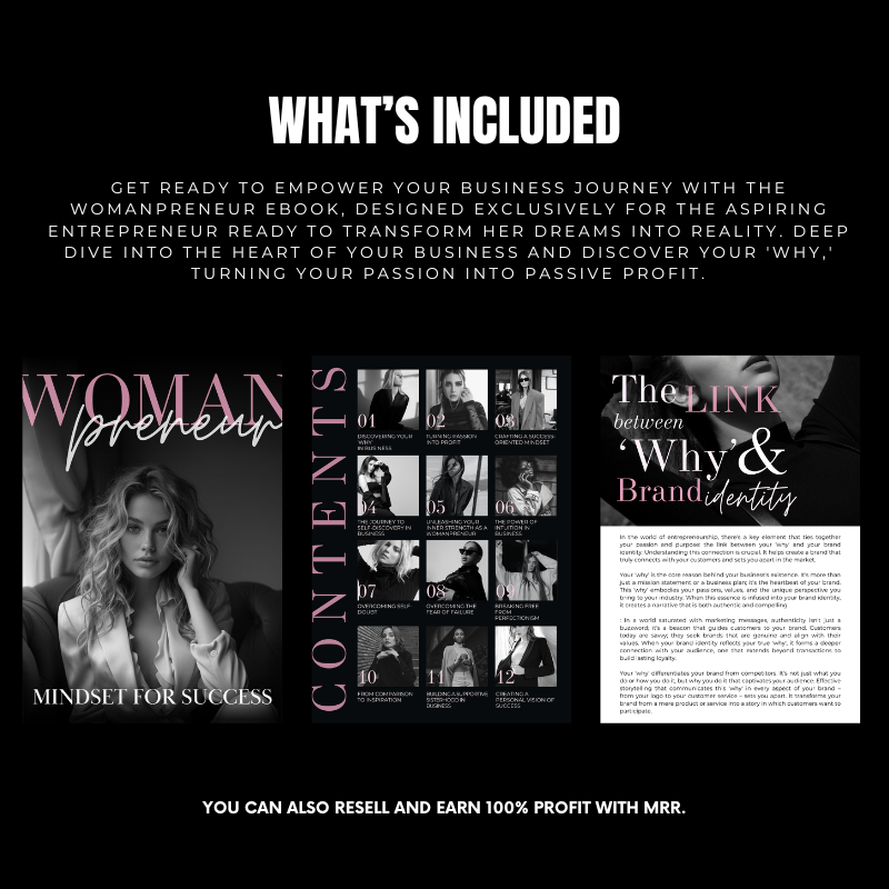 Inside look at Success eBook for Womanpreneurs - Mindset Guide. Features content overview and branding identity strategies.