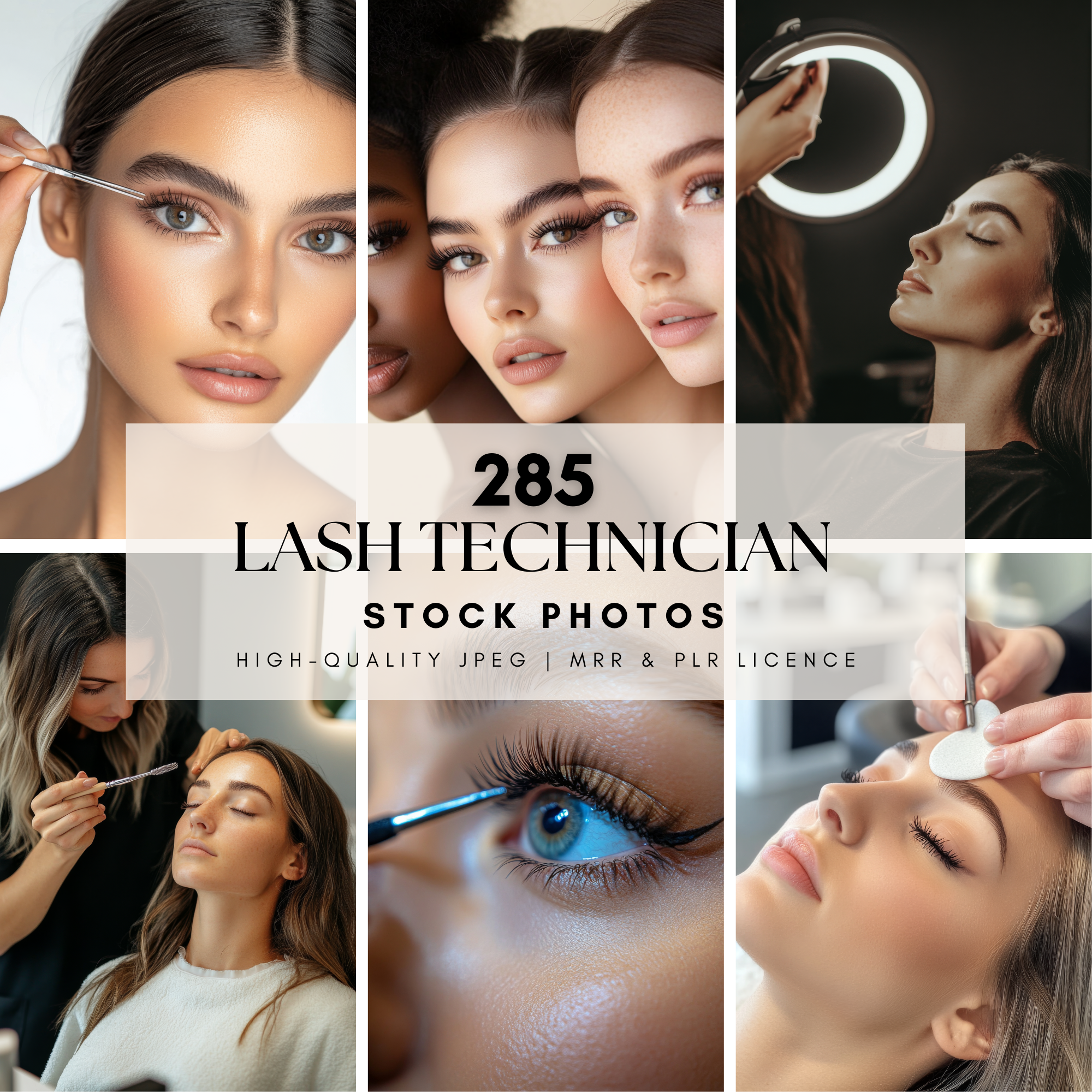 Lash technician stock images bundle with master resell rights, featuring high-quality beauty and eyelash extension photos for salons and creators.