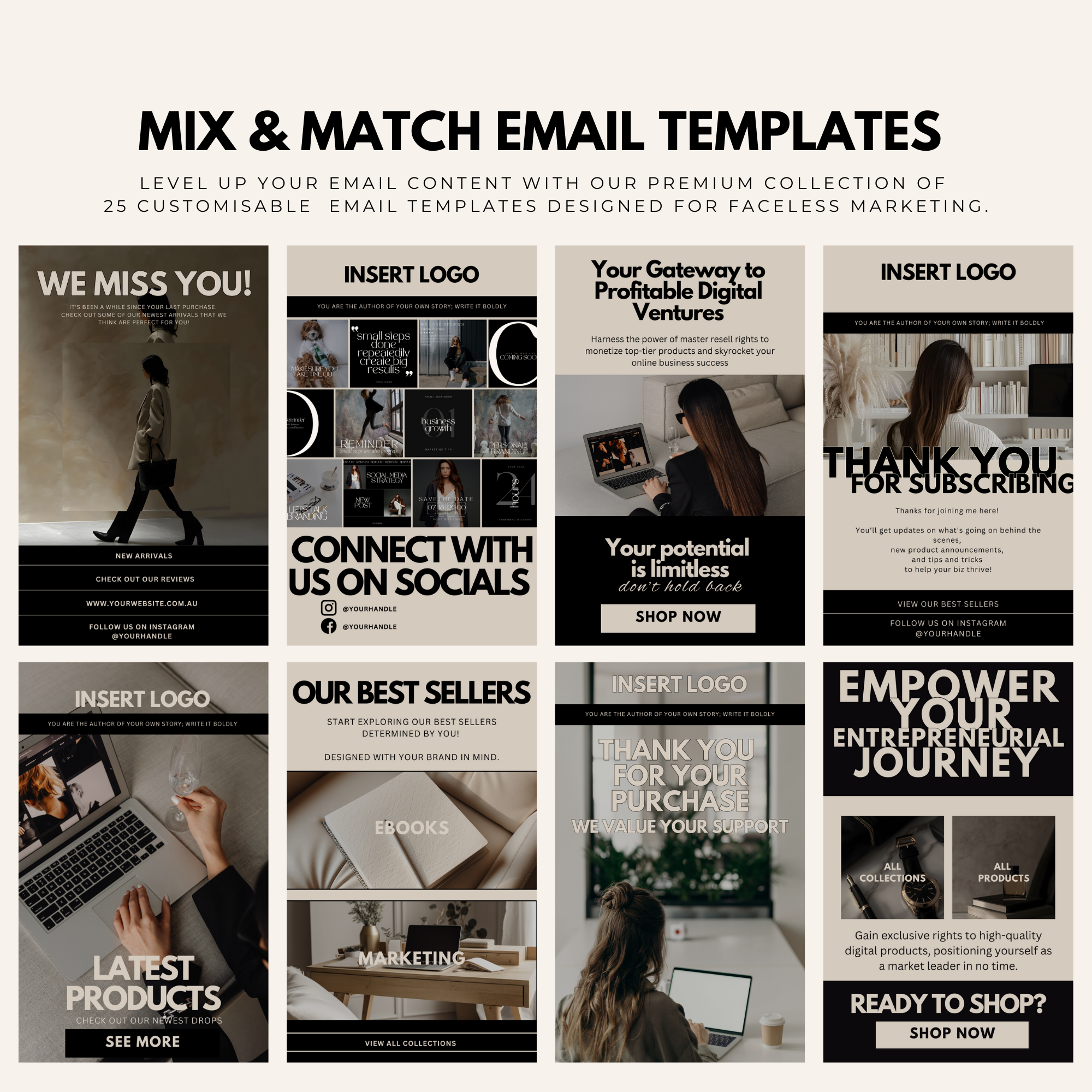 Premium collection of 25 customizable faceless marketing email templates designed for businesses and e-commerce branding.