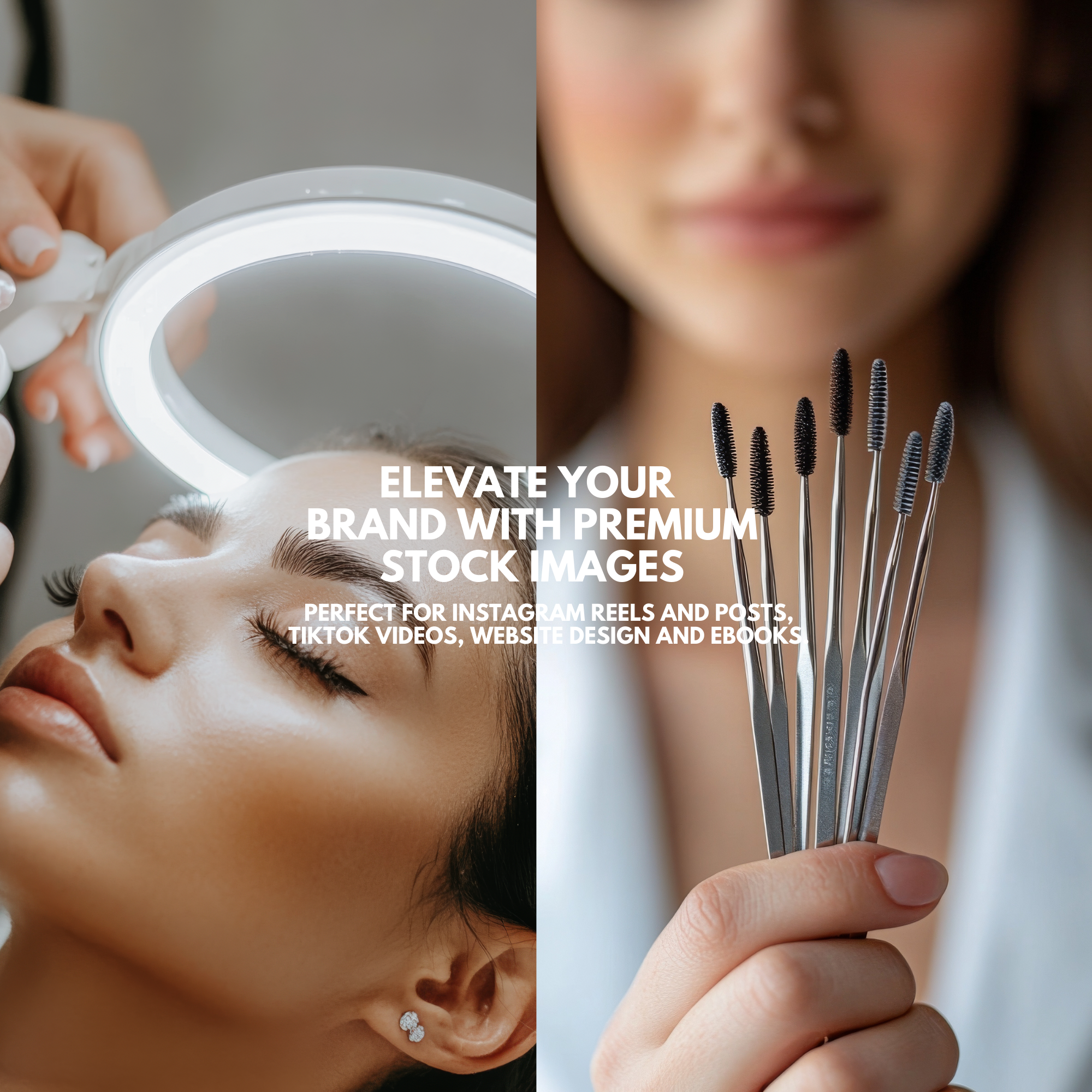 Premium lash technician stock images for branding, including beauty tools and eyelash extension close-ups, perfect for digital creators and salons.