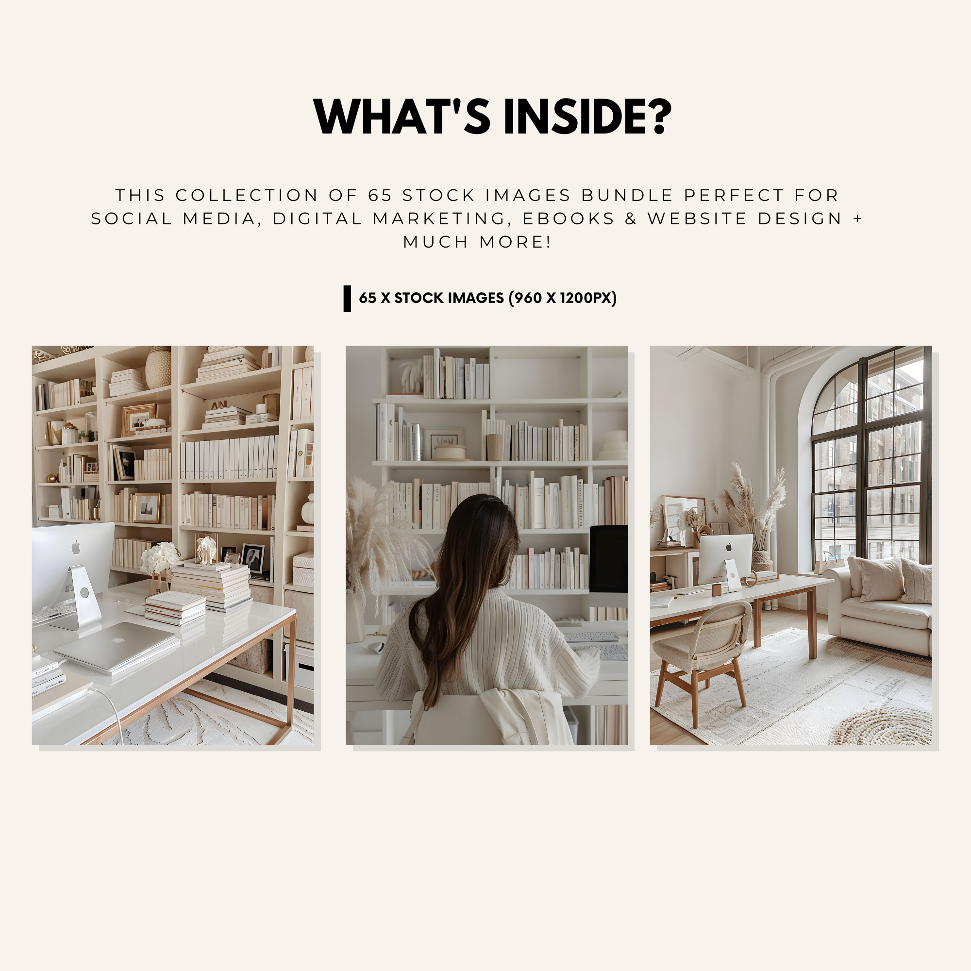 Preview of what's inside the Girl Boss stock image bundle, featuring 65 high-quality images for social media, marketing, and website design.