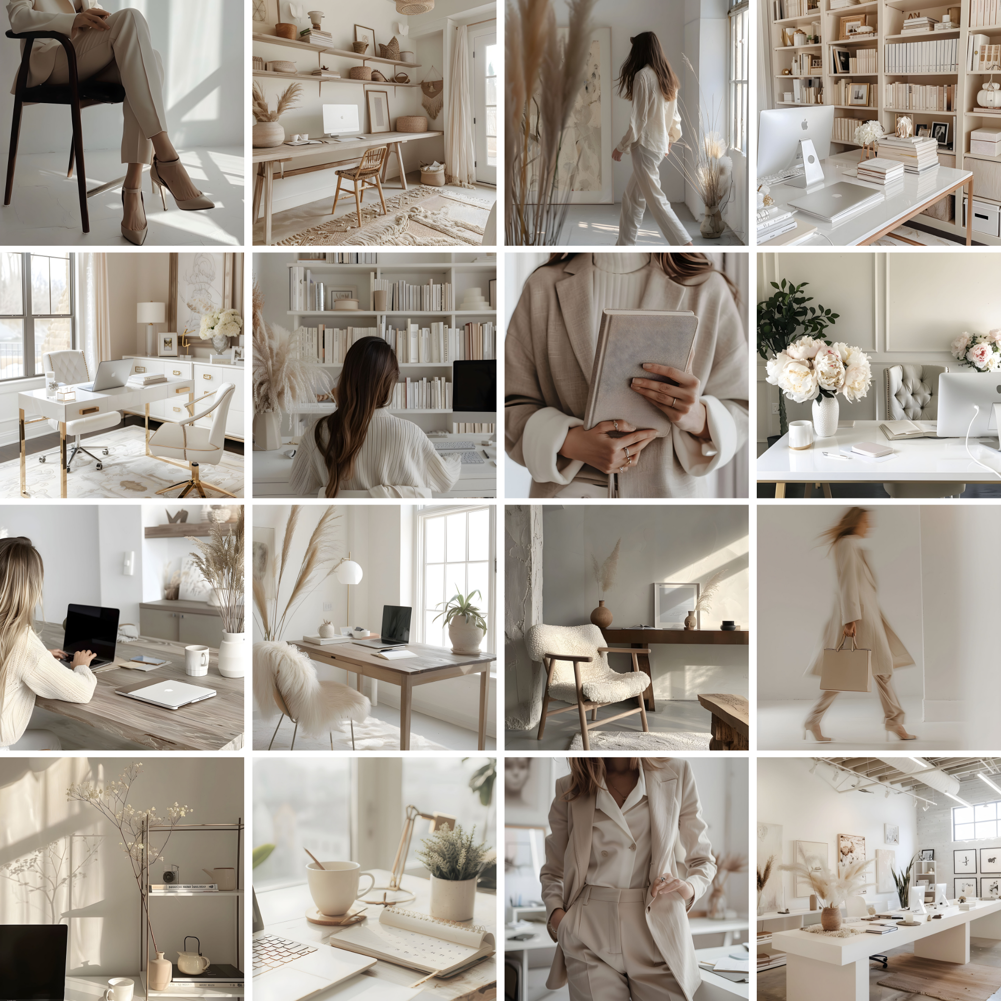 Grid preview of Girl Boss faceless stock images, showcasing elegant office setups, fashion, and workspace aesthetics for entrepreneurs.