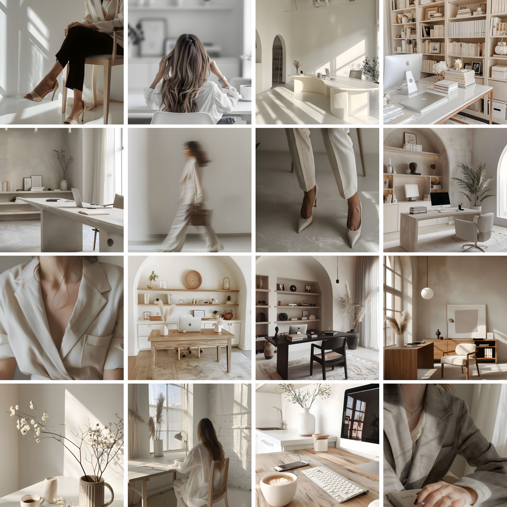 Second grid preview of Girl Boss stock images, featuring modern office spaces, neutral tones, and stylish business aesthetics.