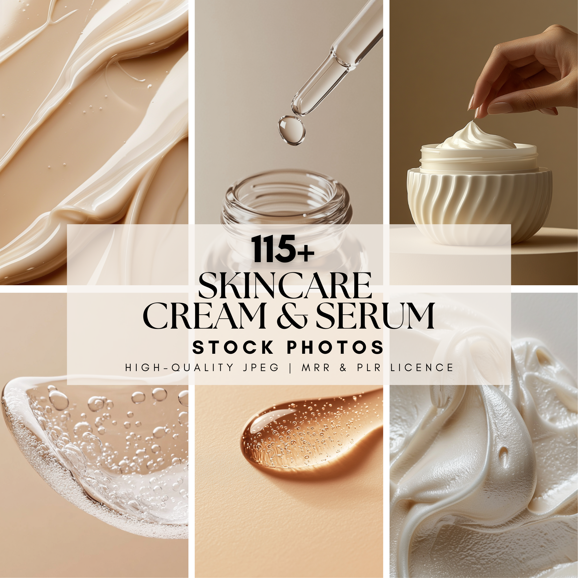 Skincare cream and serum stock images bundle with master resell rights. High-quality visuals for beauty brands, digital marketing, and content creation.