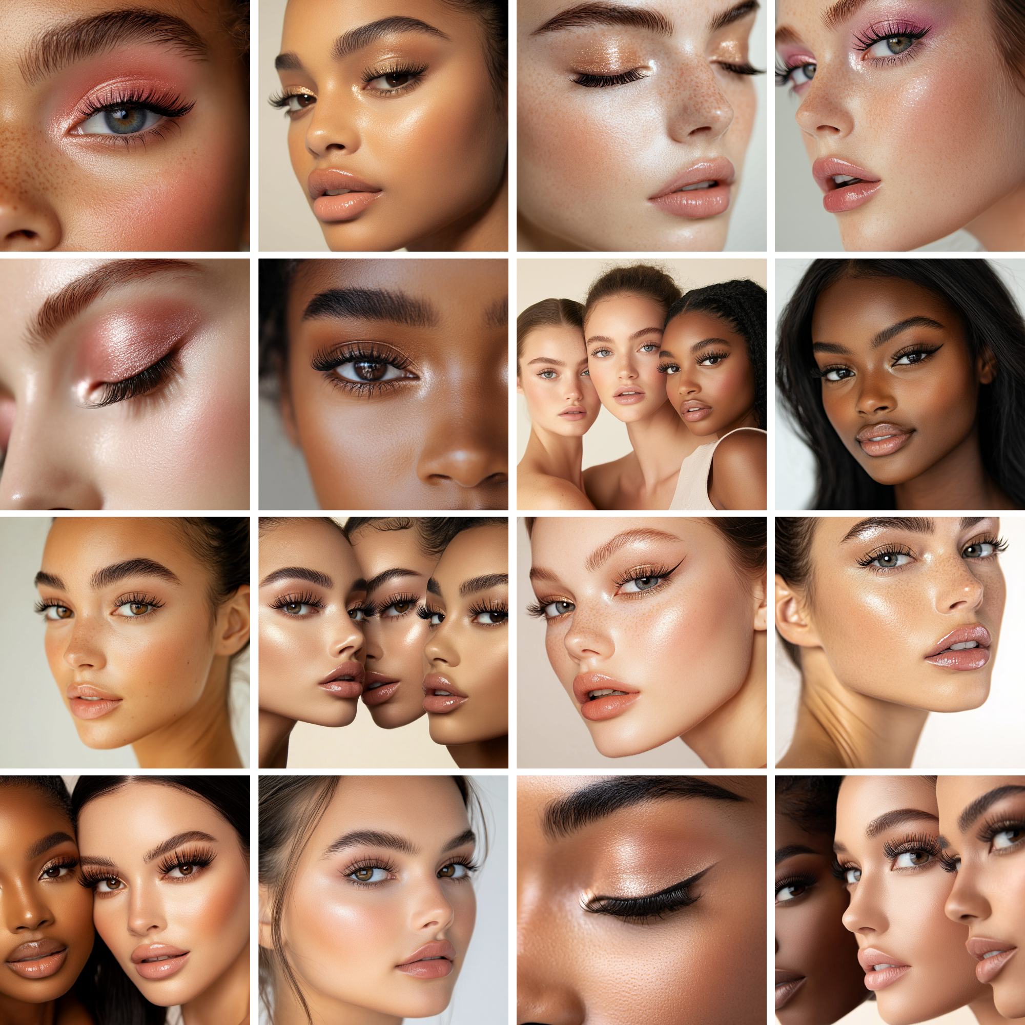 Collage of radiant beauty portraits showcasing diverse models with glowing skin, ideal for beauty and skincare marketing campaigns.