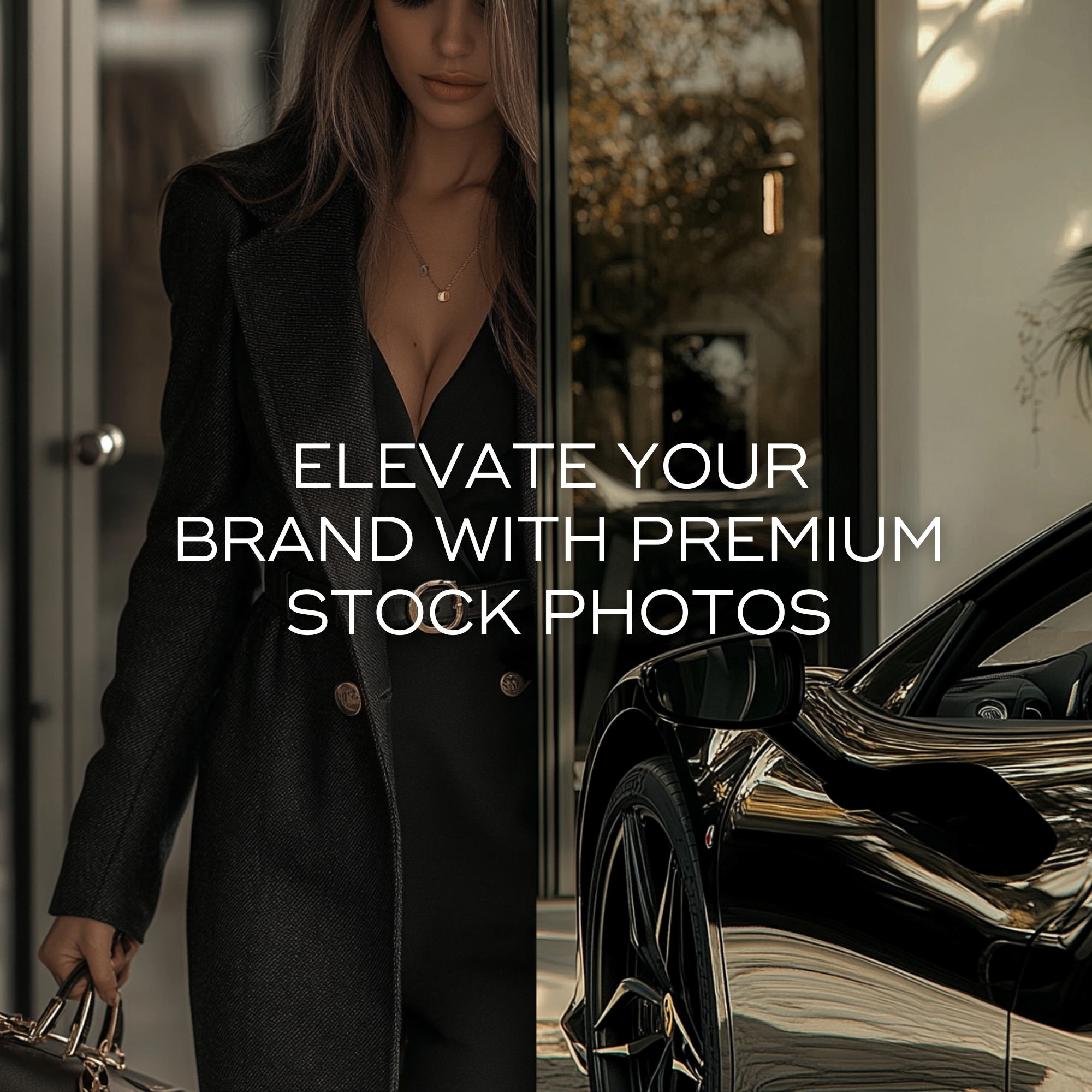 Chic woman in a tailored coat walking beside a black luxury car. Aesthetic stock photo for branding, fashion content, and business website design.