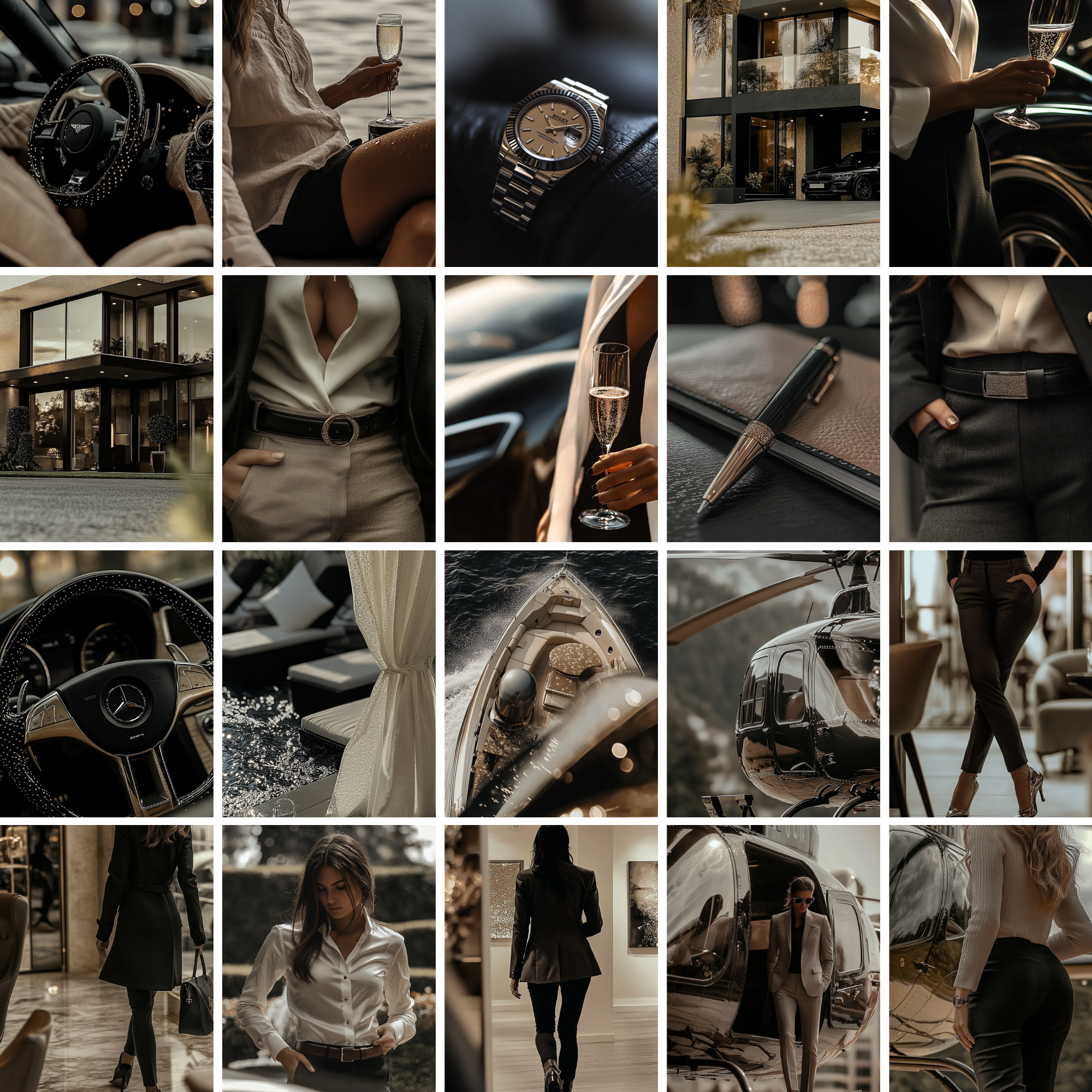 Grid of 20 aesthetic stock photos including champagne glasses, luxury watches, fashion details, cars, yachts, and high-end interiors. Perfect for luxury branding and content creation.