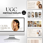 UGC Portfolio Template - Customisable, Canva-Editable, Professional. Includes 9 pages showcasing about section, work samples, services, and pricing.