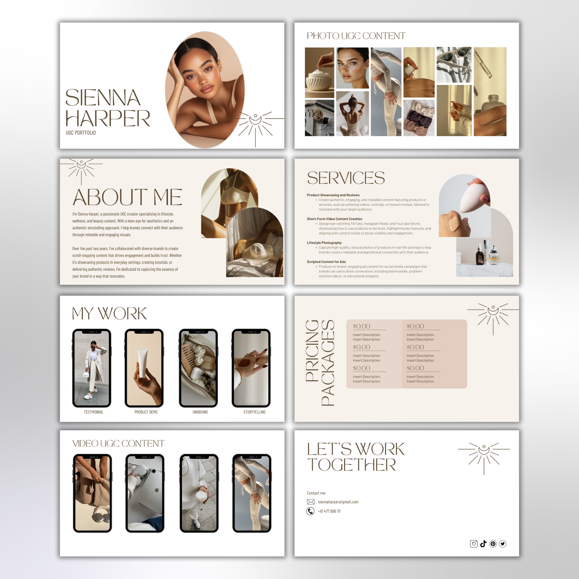 Professional UGC Portfolio Template: Fully customisable and Canva-editable, includes 9 pages for showcasing services, pricing, work samples, and more.