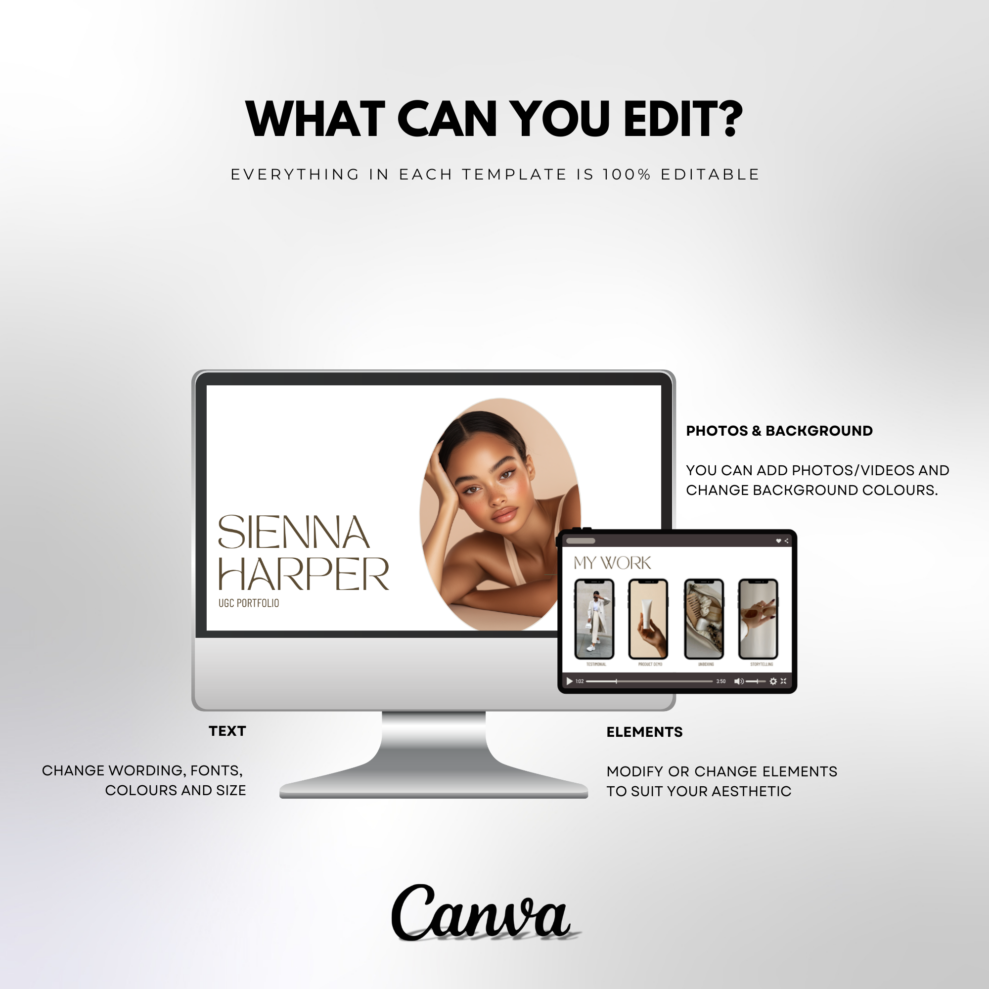 Complete UGC Portfolio Template: Canva-editable, 9-page layout for presenting your about section, work samples, pricing, and offered services.