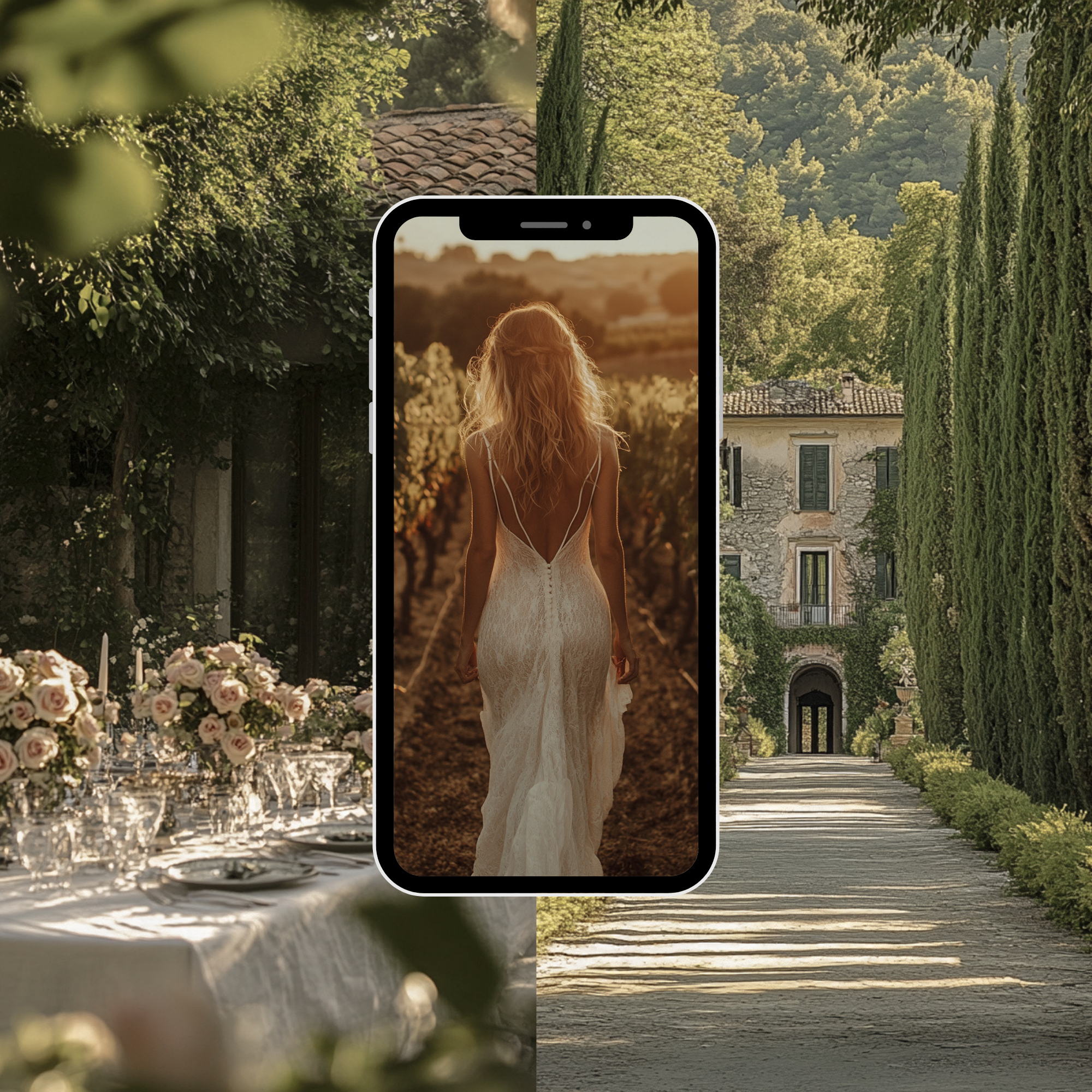 Elegant woman in a backless dress walking through a vineyard, featured in the Old Money Aesthetic Images Collection. Ideal for romantic and luxury visuals.