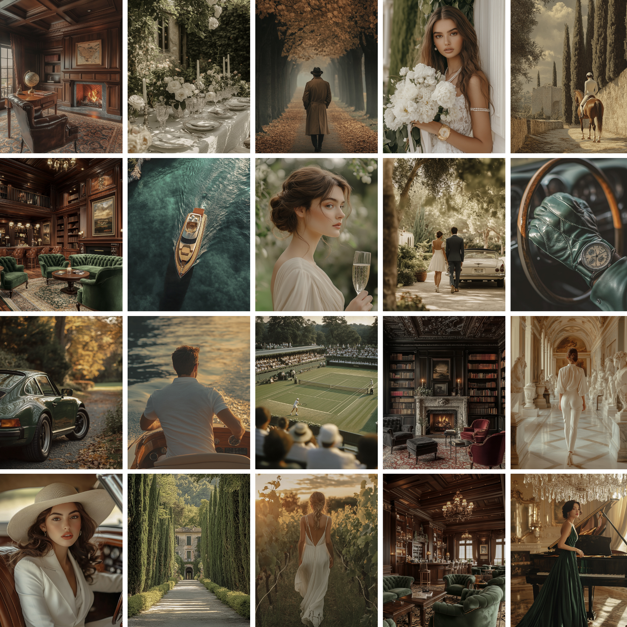 Grid preview of 45 Old Money Aesthetic Images Collection including vintage cars, elegant interiors, and classic fashion. Perfect for digital marketing use.