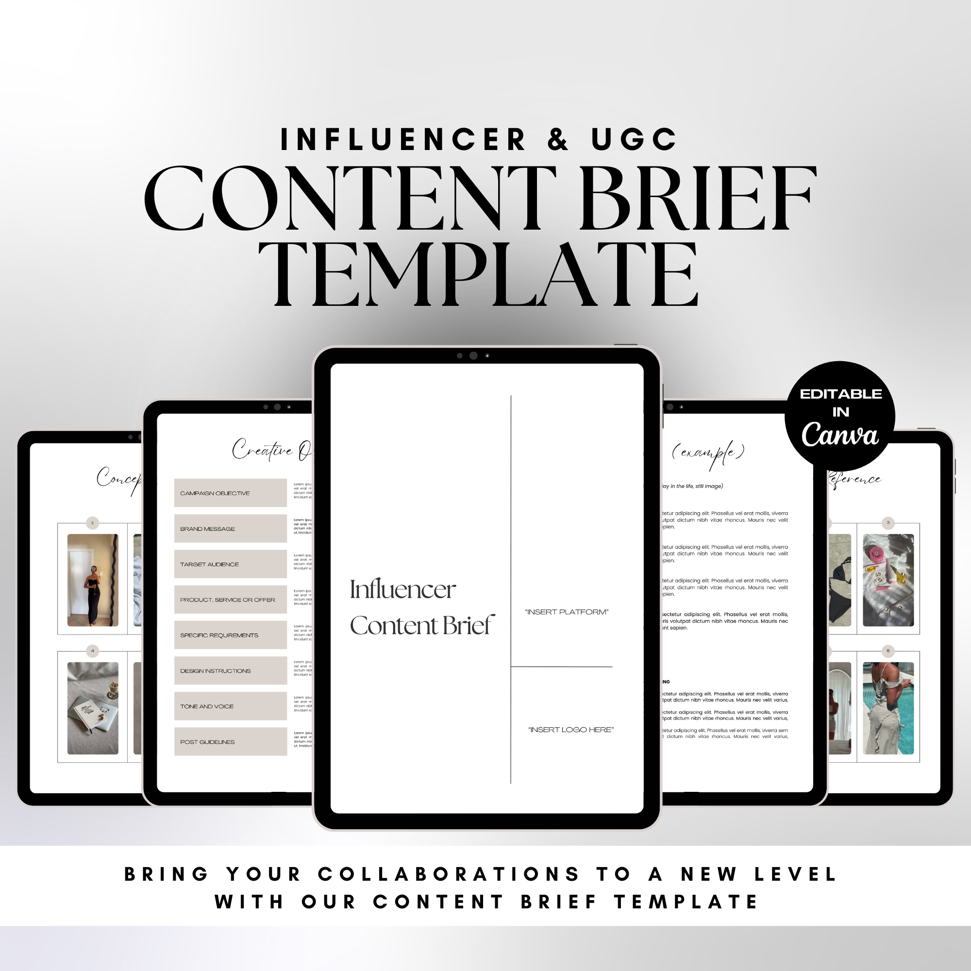 UGC Content Brief Template for influencers and brands displayed on tablets, showcasing editable Canva pages for streamlined collaboration.