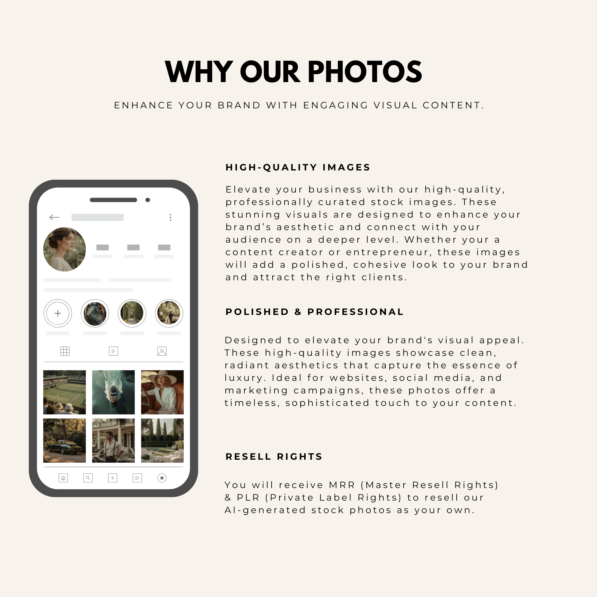 Why Our Photos section highlighting high-quality, polished Old Money Aesthetic stock images with resell rights. Ideal for creators and entrepreneurs.