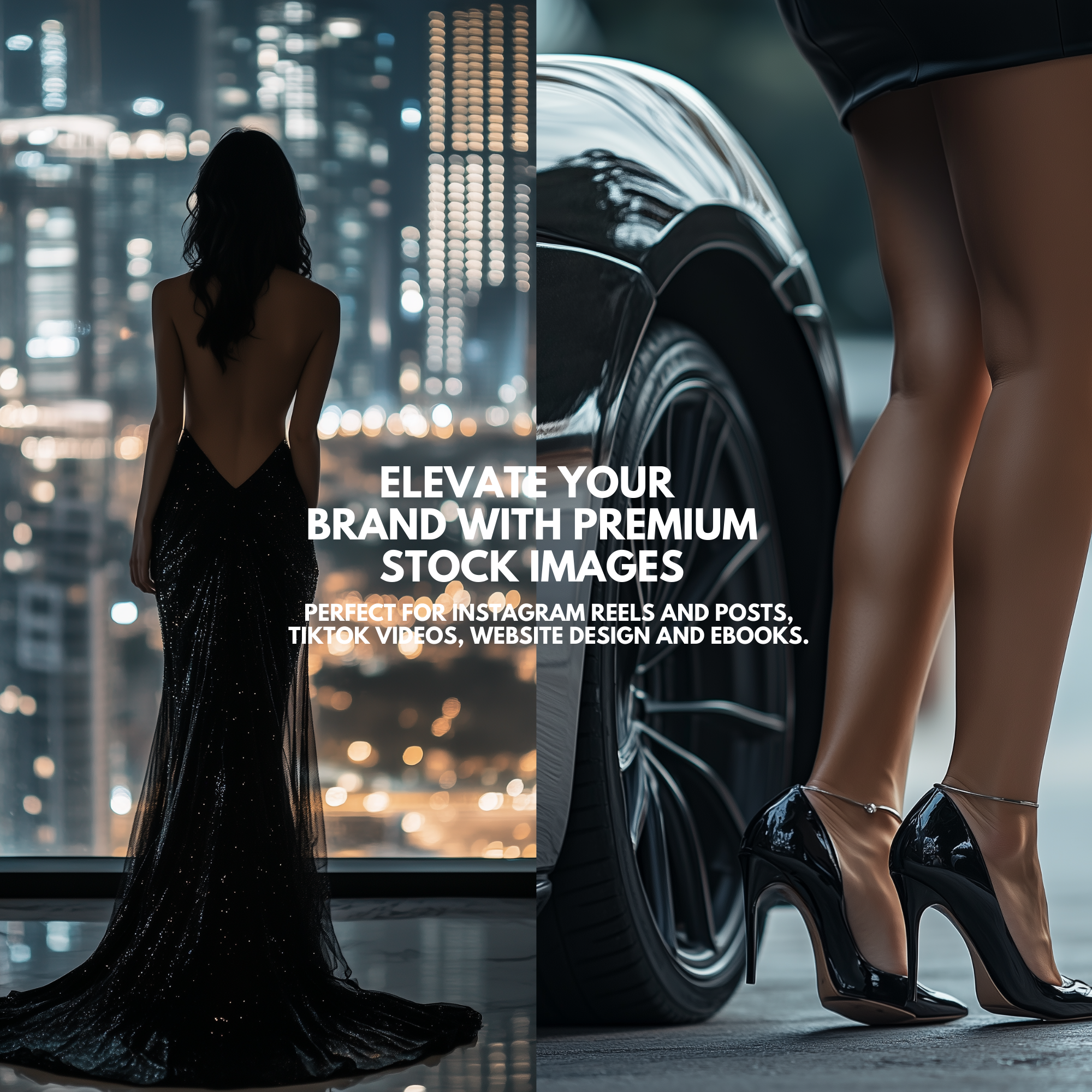 Dark luxury stock images showcasing a woman in a black gown and high heels near a luxury car. Perfect for bold brand visuals and social media content.