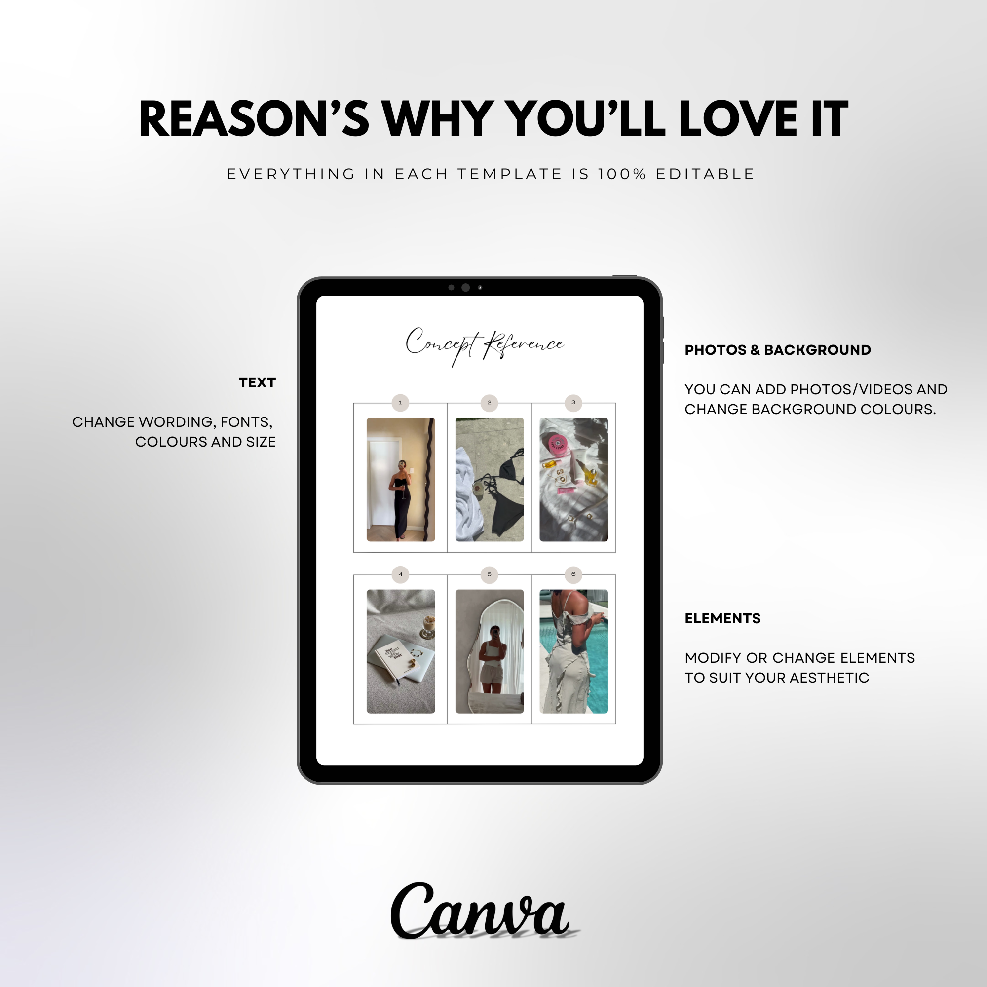 UGC Content Brief Template displayed on a tablet screen with editable text, photos, and elements for influencers and brands.