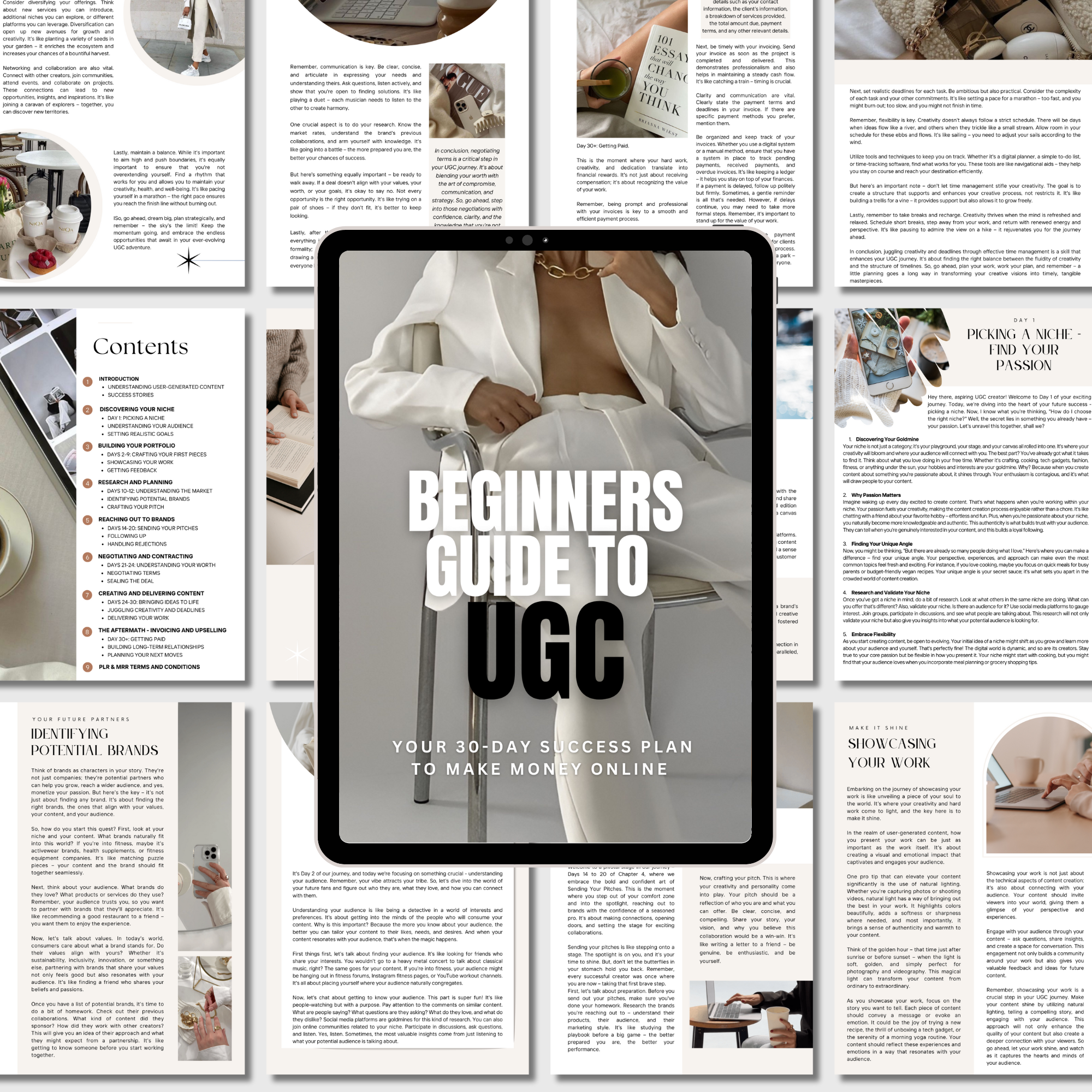 UGC Playbook for Beginners e-book displayed on a tablet with a modern layout, surrounded by pages showcasing tips, strategies, and a 30-day success plan.