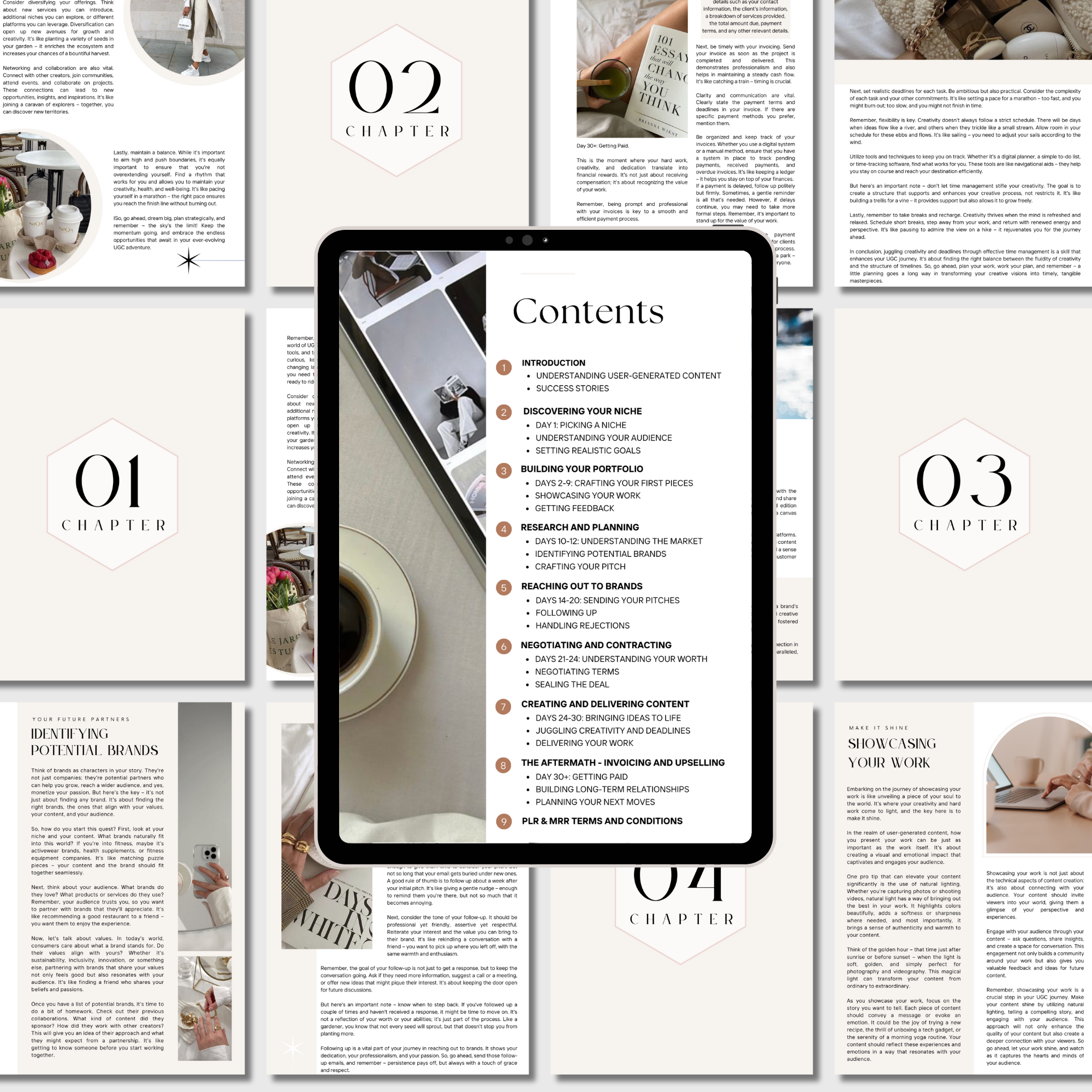 UGC Playbook for Beginners e-book displayed on a tablet, surrounded by open pages showcasing chapters, tips, and guides for creating user-generated content.