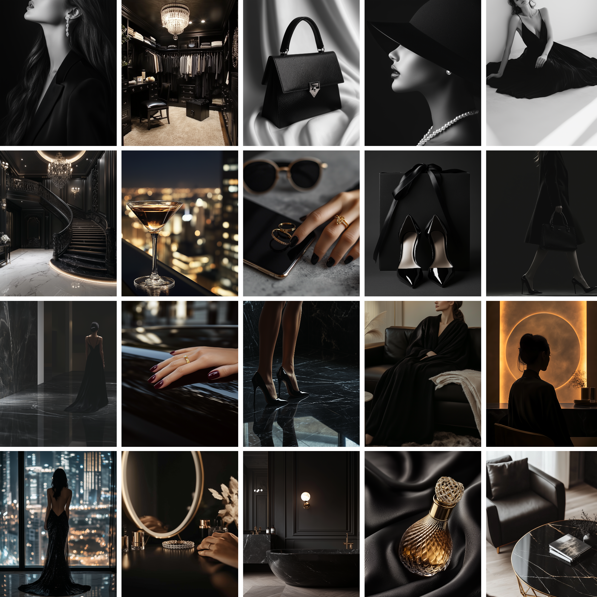 Grid of 20 dark luxury stock images including fashion, accessories, cocktails, and moody interiors. Ideal for branding and digital design projects.