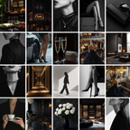 Collection of 25 dark luxury stock images featuring upscale fashion, interiors, and lifestyle. Designed for bold branding and premium content creation.