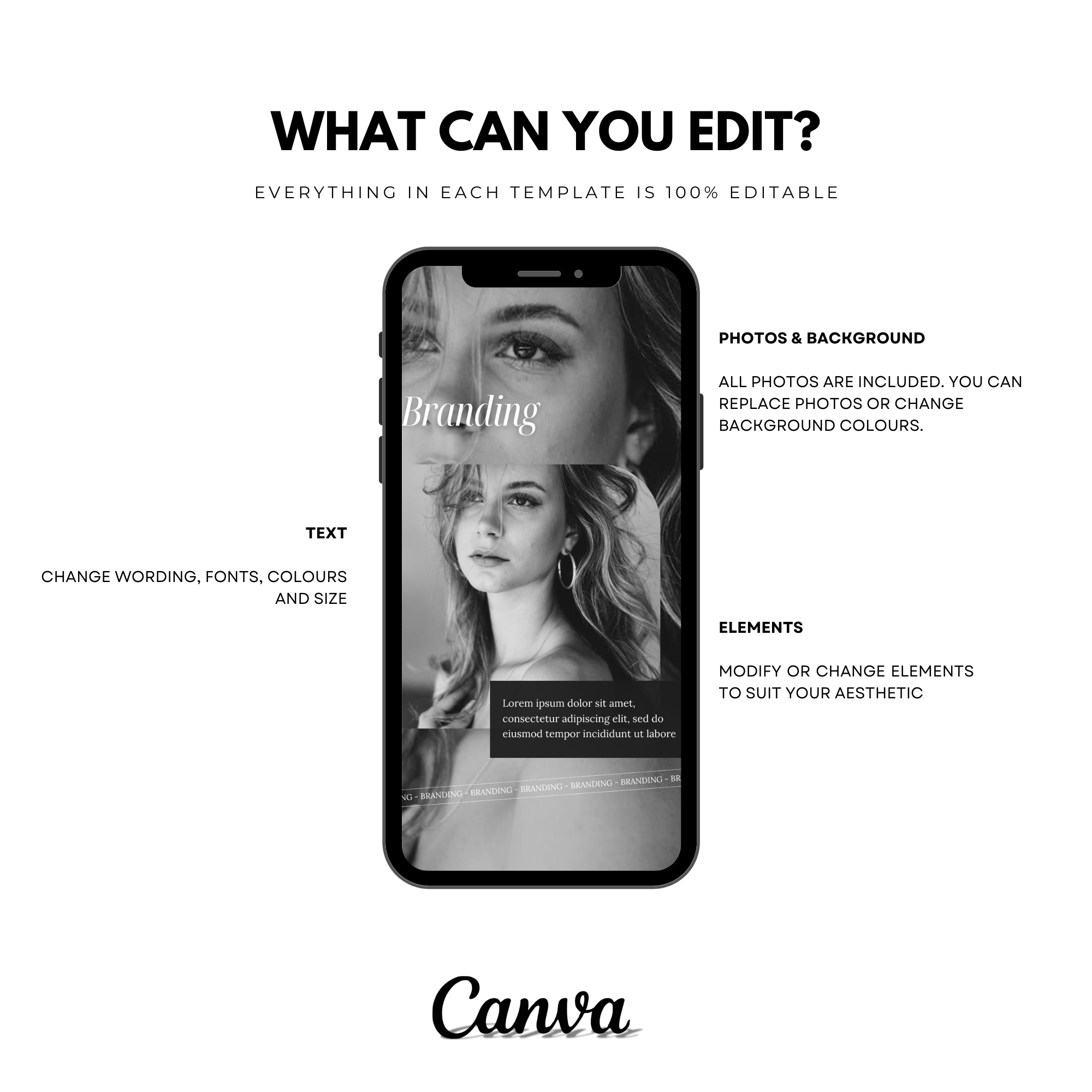Customizable vision board phone wallpaper template displayed on a smartphone. Edit text, photos, backgrounds, and elements to match your aesthetic. Compatible with Canva.