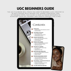 UGC Playbook for Beginners displayed on a tablet screen with a contents page, alongside a smartphone showing UGC templates. A guide to creating user-generated content in 30 days.