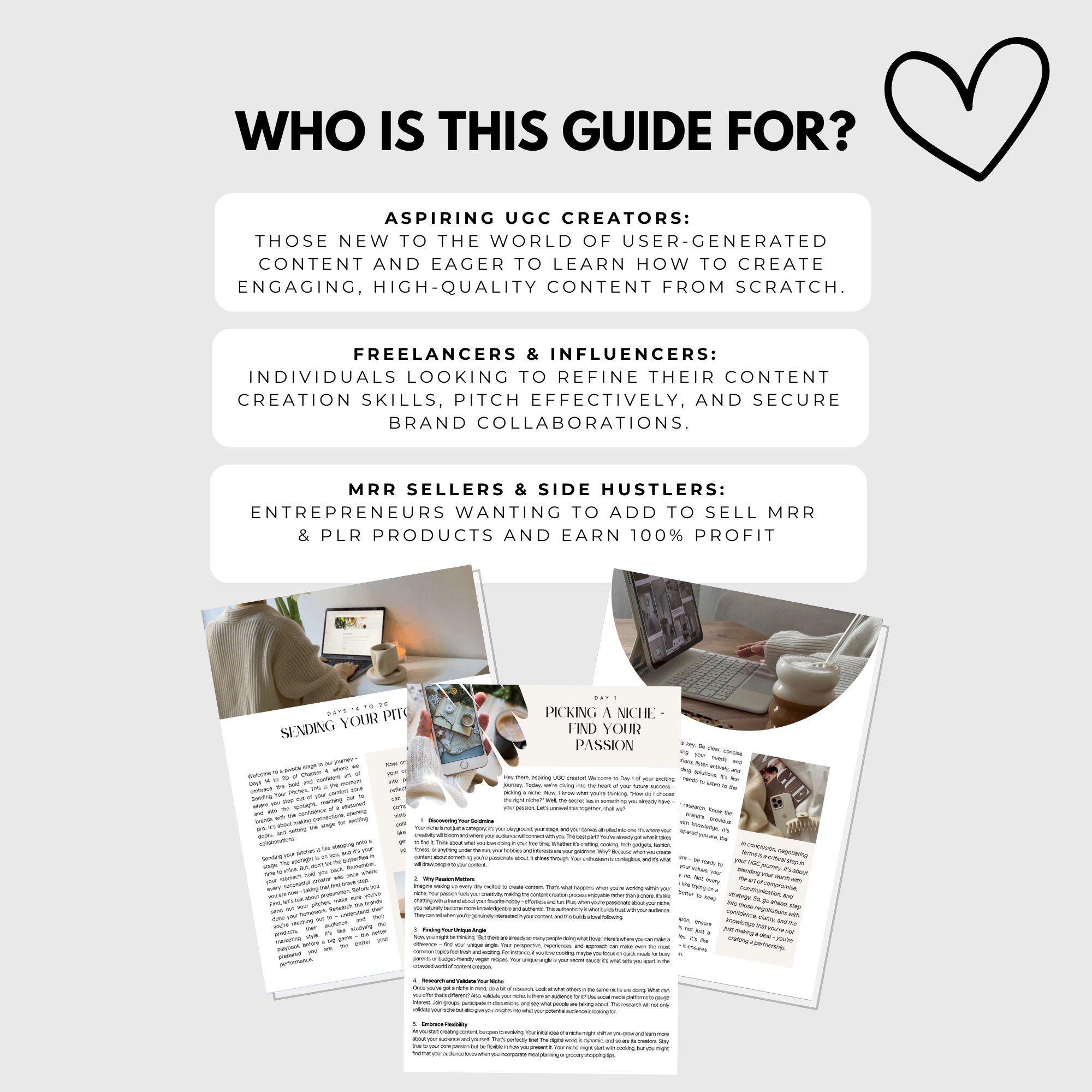 UGC Playbook for Beginners guide overview with sections for aspiring creators, freelancers, influencers, and MRR sellers. Includes sample pages.