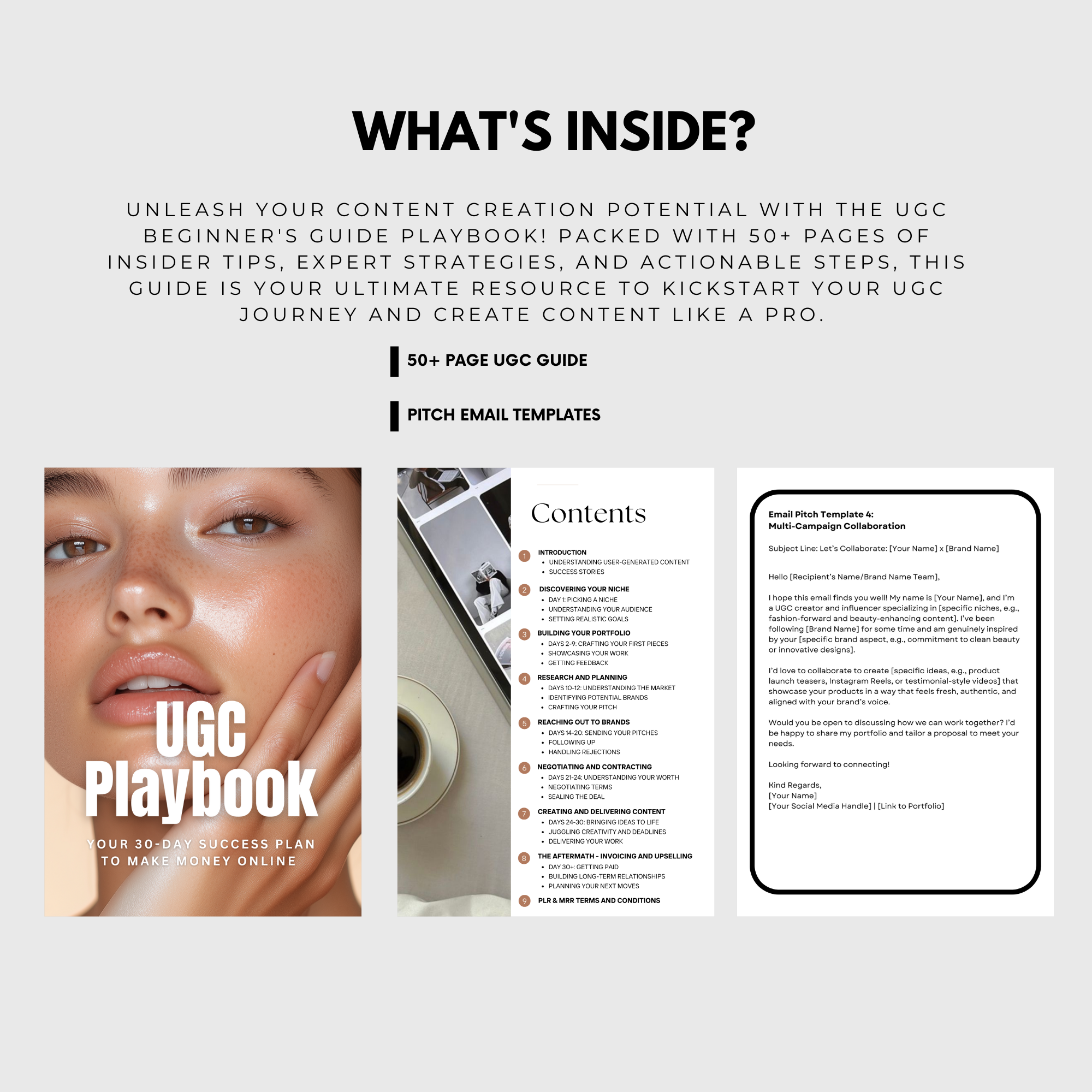 UGC Playbook for Beginners e-book cover and contents preview, featuring a 30-day guide, email templates, and expert strategies.