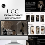 UGC Portfolio Template - Customized Digital Product | Canva Edit featuring a dark aesthetic layout with sections for About Me, My Work, and Services.