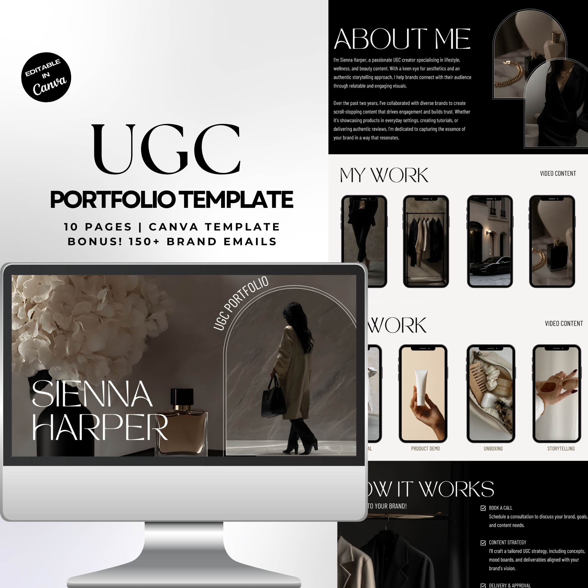 UGC Portfolio Template - Customized Digital Product | Canva Edit featuring a dark aesthetic layout with sections for About Me, My Work, and Services.