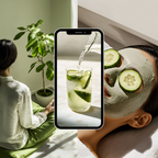 Health Wellness Stock Images for Your Brand showing a woman meditating and a phone with cucumber water, perfect for mindfulness content.
