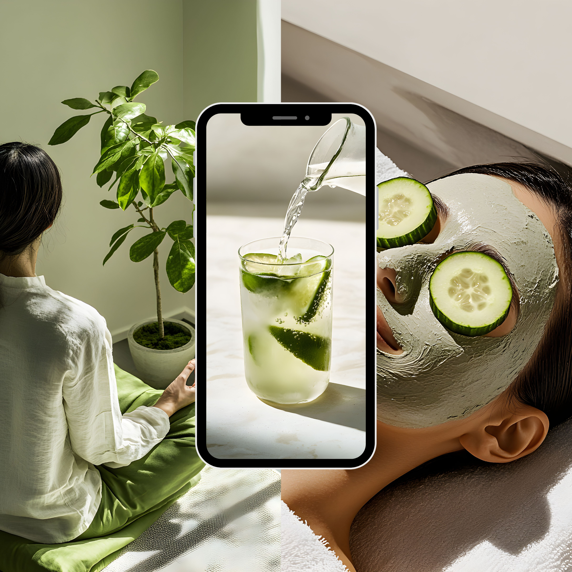 Health Wellness Stock Images for Your Brand showing a woman meditating and a phone with cucumber water, perfect for mindfulness content.