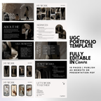 Fully editable UGC Portfolio Template - Customized Digital Product | Canva Edit with 10 pages including My Work, Services, and UGC Benefits in a dark aesthetic.