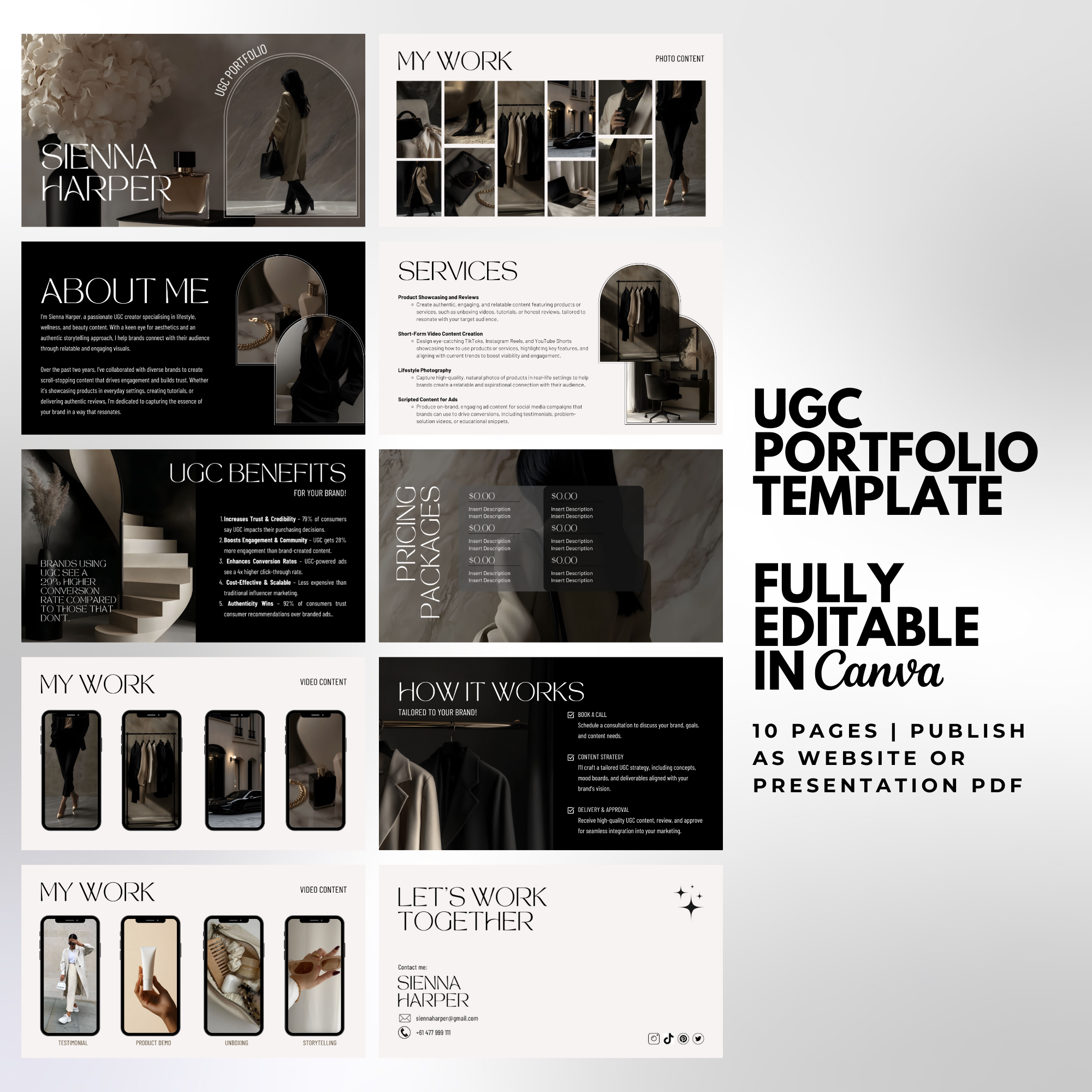 Fully editable UGC Portfolio Template - Customized Digital Product | Canva Edit with 10 pages including My Work, Services, and UGC Benefits in a dark aesthetic.
