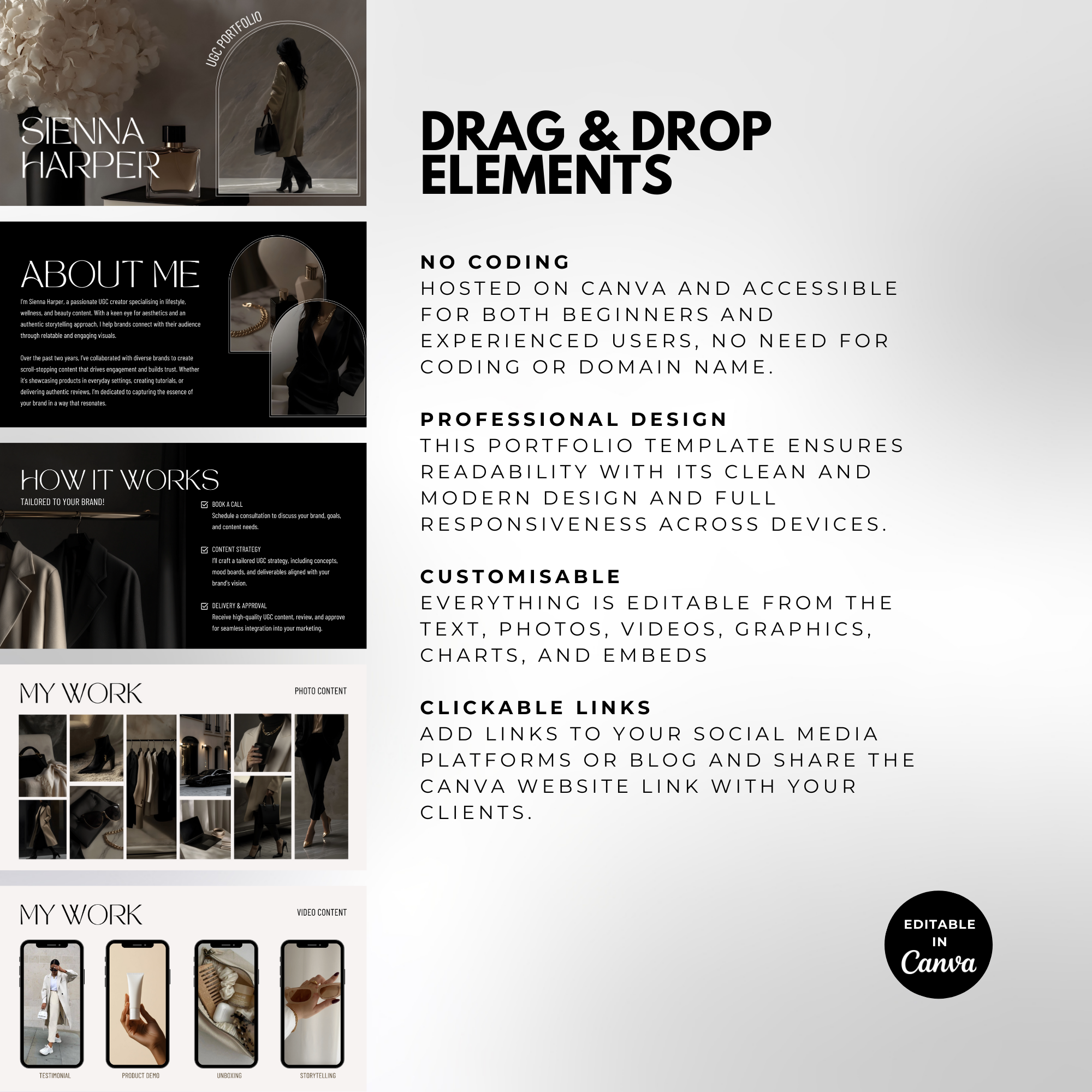 Drag and drop UGC Portfolio Template - Customized Digital Product | Canva Edit with editable text, images, and links for easy customization in Canva.