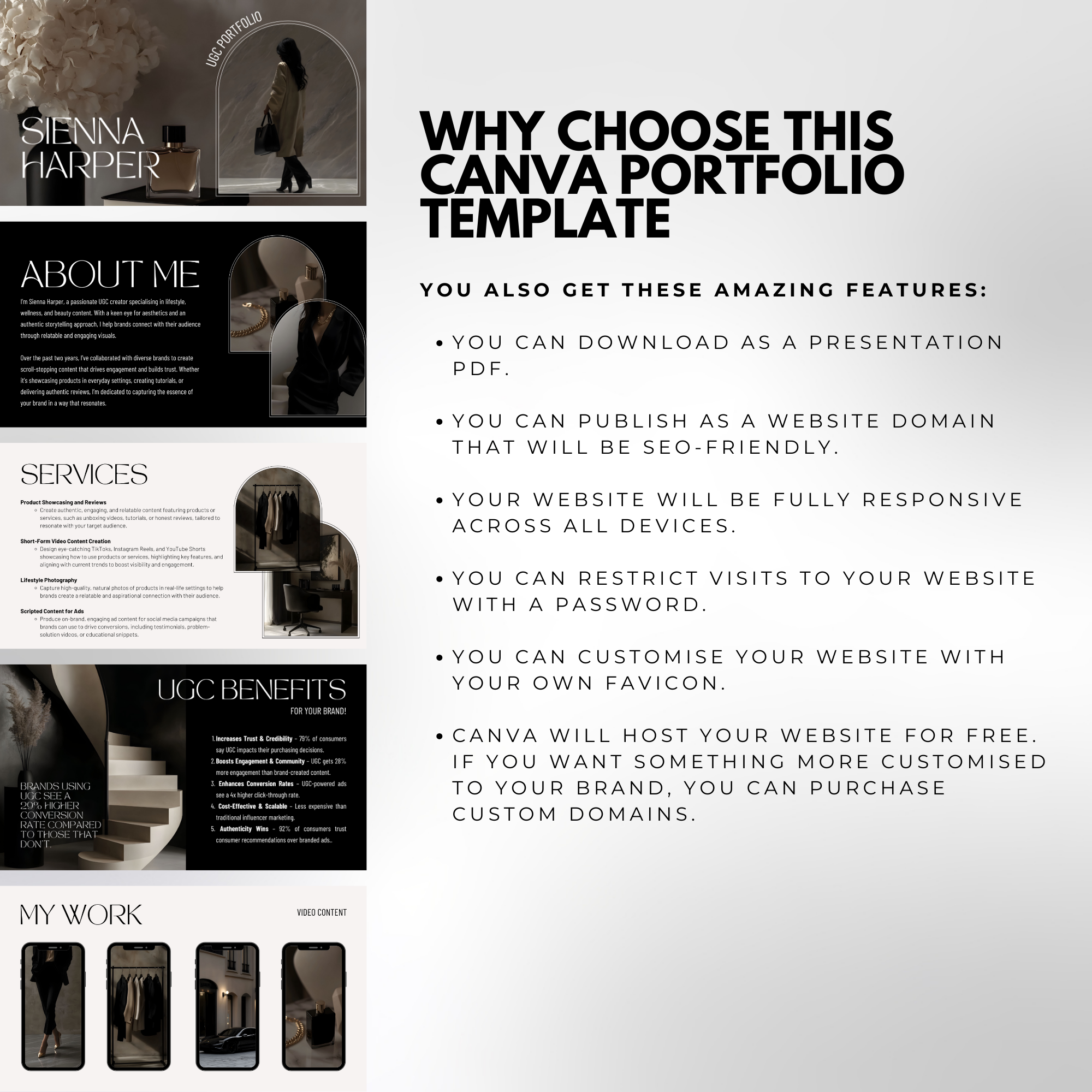 UGC Portfolio Template - Customized Digital Product | Canva Edit highlighting features like password protection, custom domains, and presentation download options.