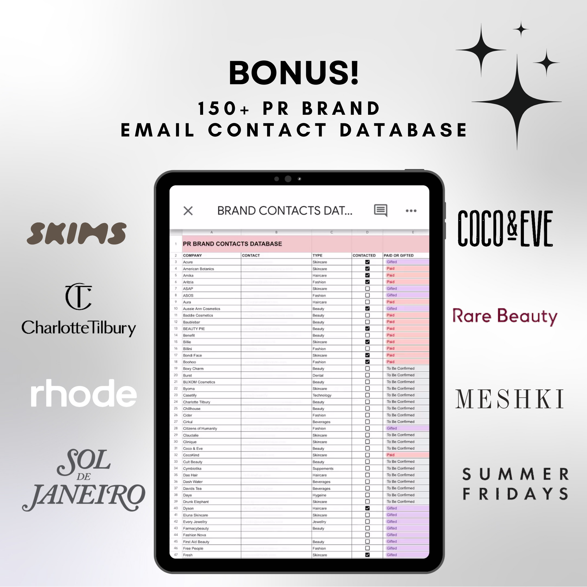 Bonus PR brand email contact database included with UGC Portfolio Template - Customized Digital Product | Canva Edit, featuring 150+ brand contacts.
