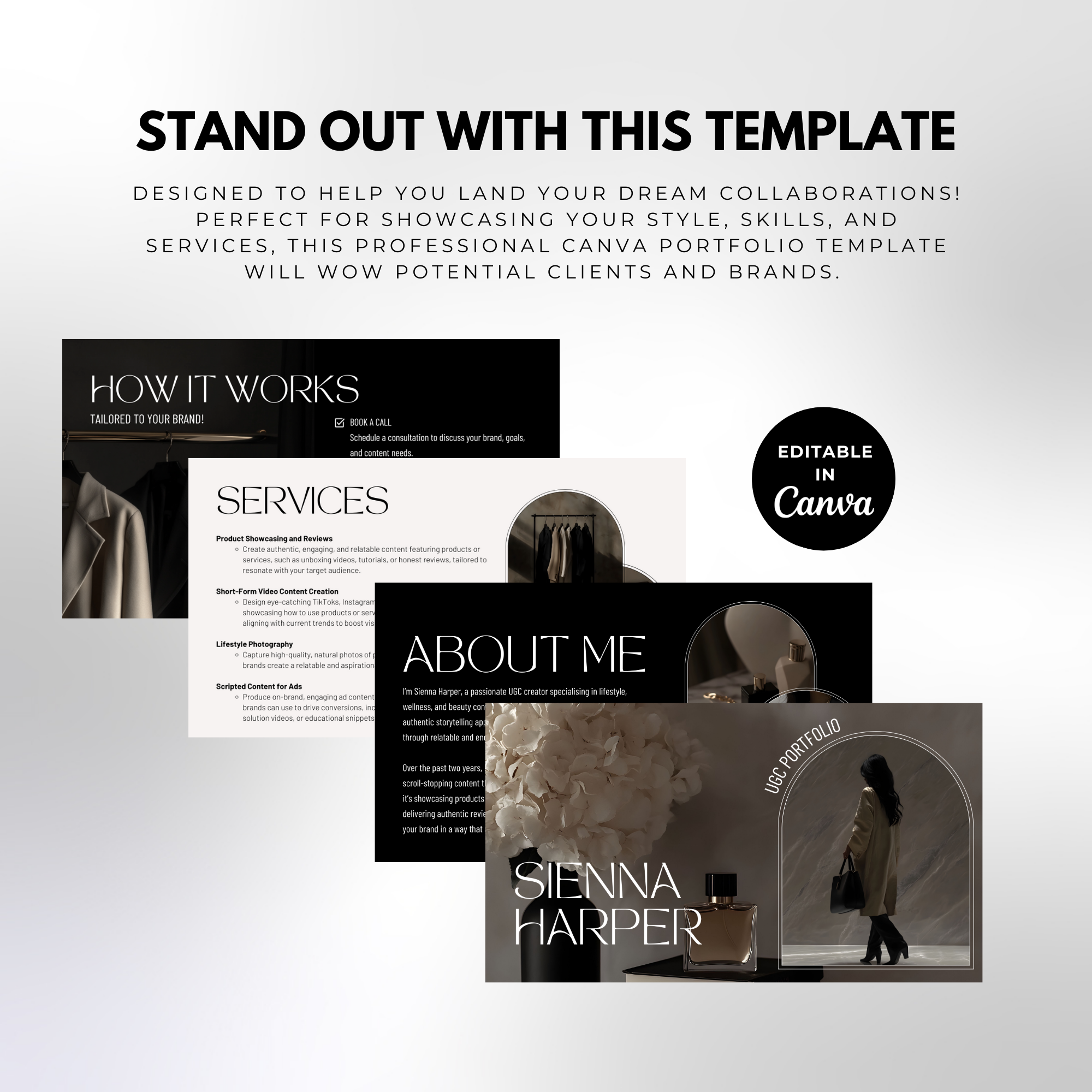 Stand out with UGC Portfolio Template - Customized Digital Product | Canva Edit designed to showcase style, skills, and services for brand collaborations.