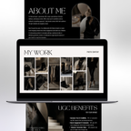 UGC Portfolio Template - Customized Digital Product | Canva Edit displayed on a laptop screen showing photo content and About Me section in a sleek dark theme.