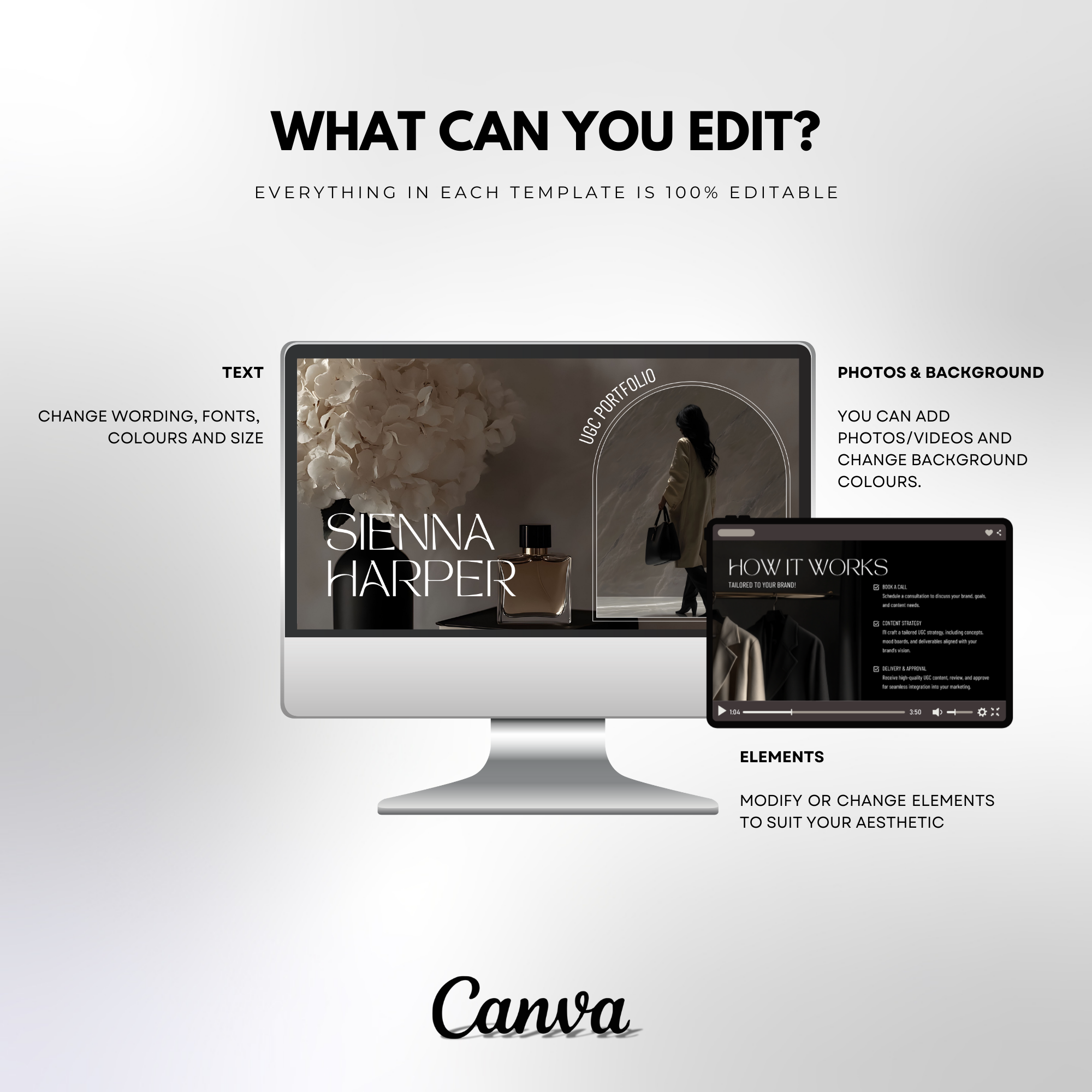 Editable UGC Portfolio Template - Customized Digital Product | Canva Edit showing customization options for text, photos, and design elements.
