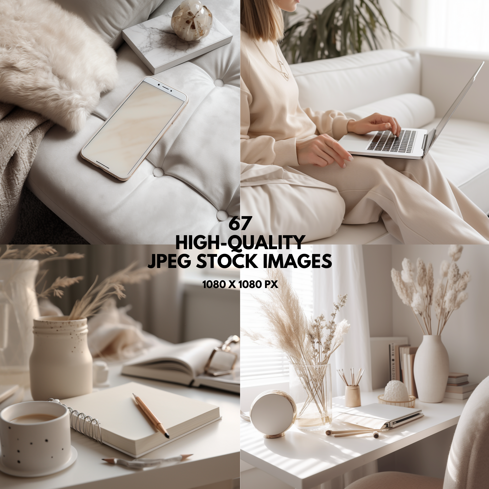 67 high-quality JPEG stock images featuring neutral home office aesthetics, cozy workspaces, and elegant decor. Perfect for digital marketing and branding.