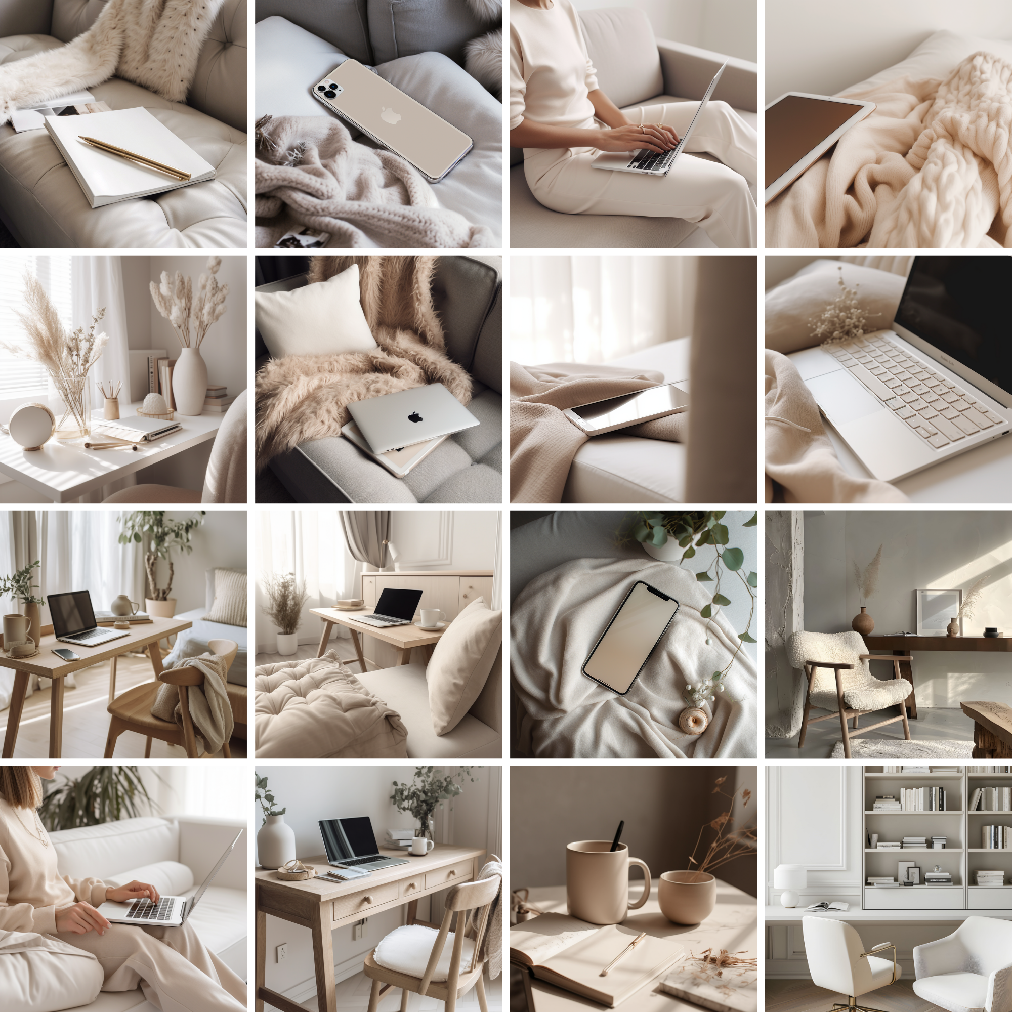 Curated collection of neutral home office stock images with modern desk setups, soft textures, and elegant aesthetics. Ideal for social media and marketing.