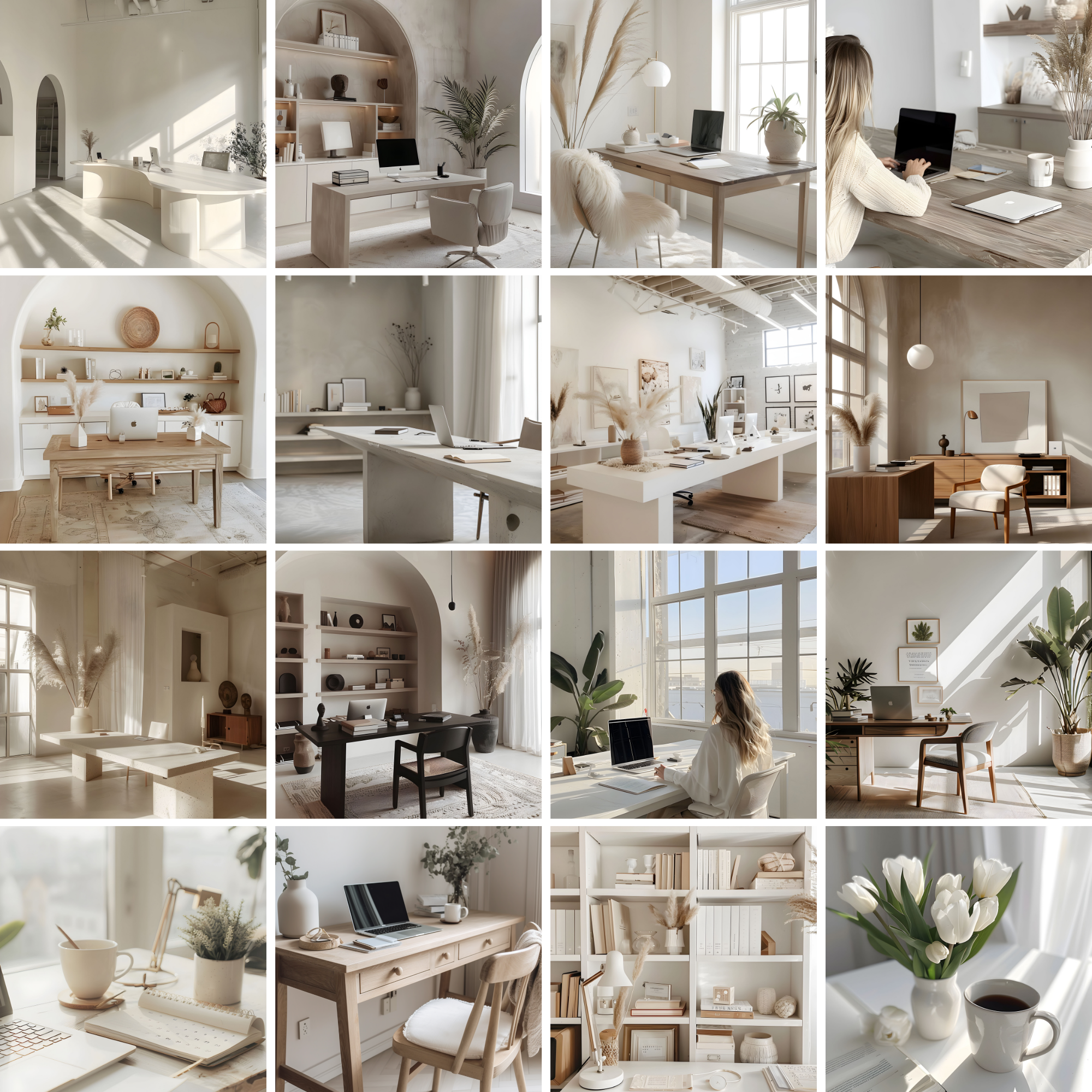 Grid of neutral home office stock images featuring stylish workspaces, natural lighting, and cozy decor. Perfect for branding and content creation.