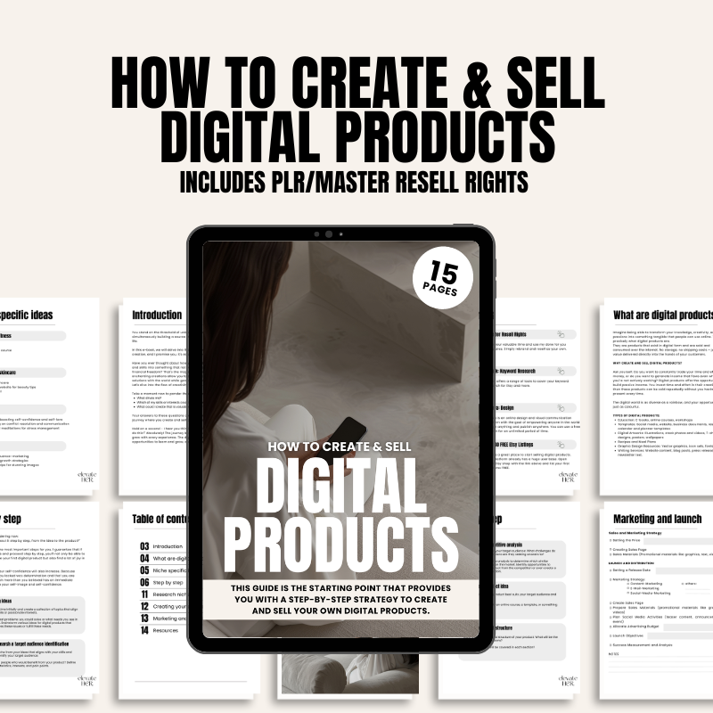 Create & Sell Digital Products - Digital Guide | eBook cover displayed on tablet with preview pages in background. Ideal for marketing and resell.