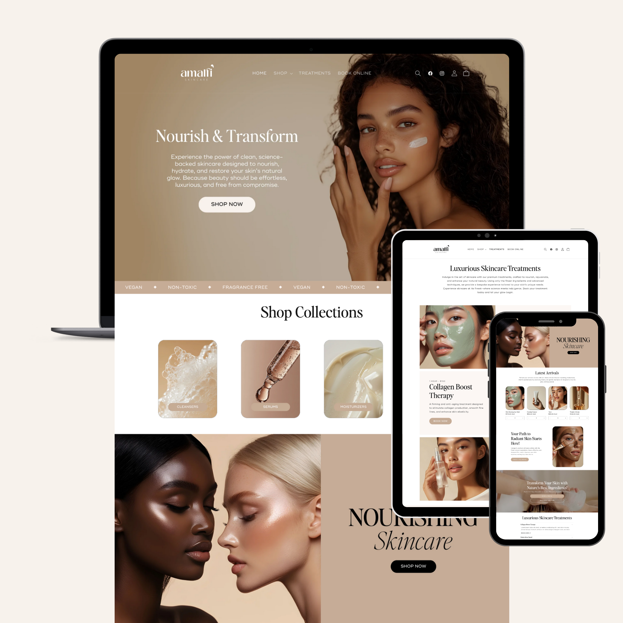 Luxury skincare Shopify template featuring an elegant, high-converting design for beauty and wellness brands. Fully customizable and easy to use.